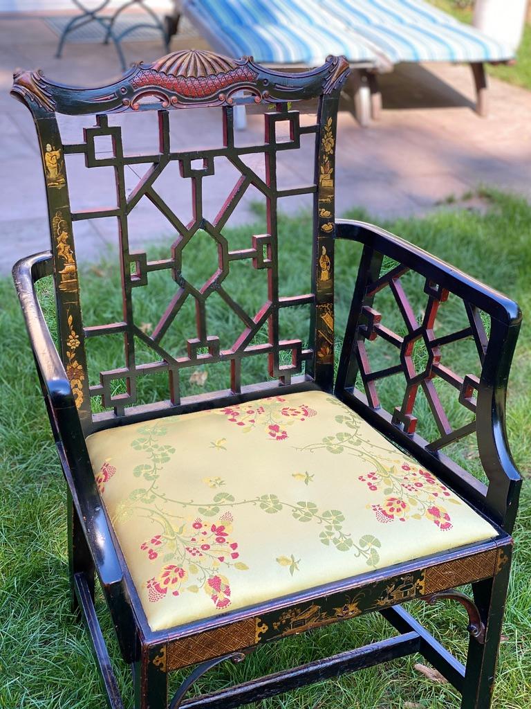 Carved Armchair Chinoiserie Black Laquer Gold-Yellow Silk Lampas Faux Bamboo Landscape For Sale
