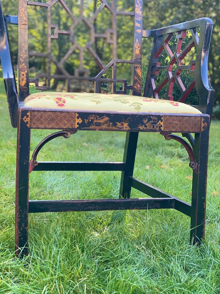 Armchair Chinoiserie Black Laquer Gold-Yellow Silk Lampas Faux Bamboo Landscape For Sale 1