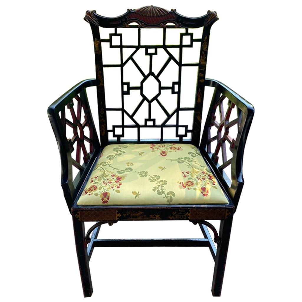 Armchair Chinoiserie Black Laquer Gold-Yellow Silk Lampas Faux Bamboo Landscape For Sale