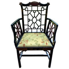 Armchair Chinoiserie Black Laquer Gold-Yellow Silk Lampas Faux Bamboo Landscape