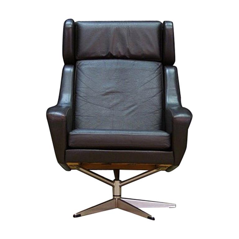 Armchair Danish Design Vintage 1960s Retro Leather Brown For Sale