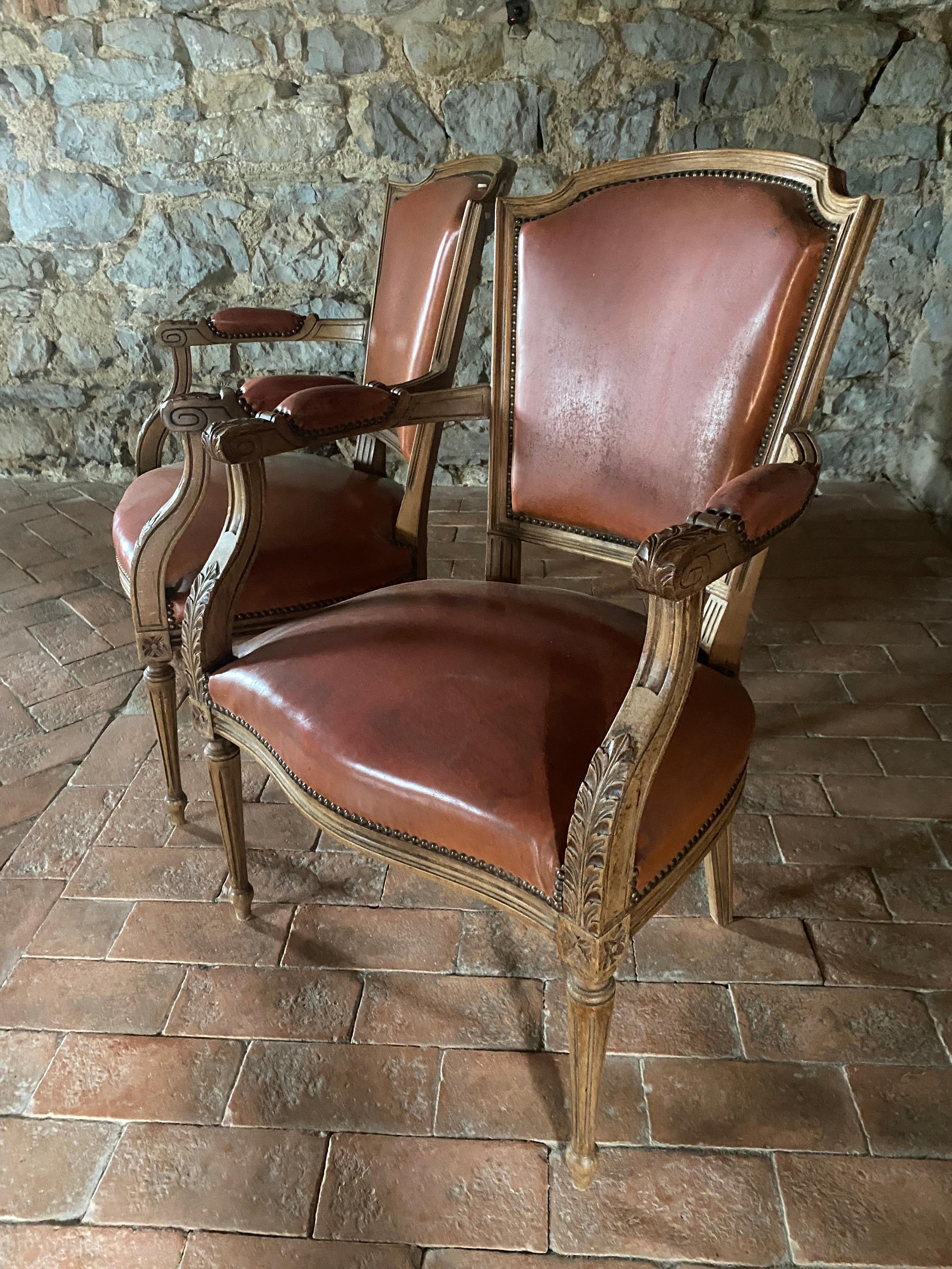 French Armchair 'Directoire Louis XVI' 19th Century Waxed Beech Woodwork with an Orange For Sale