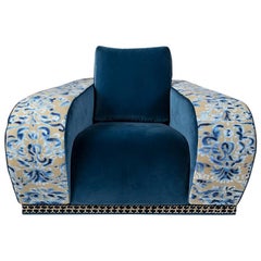 Armchair Firenze EticaLiving, Blue Fabric and Velvet, Made in Italy