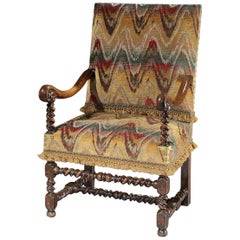 Antique Armchair, Flemish, 17th Century, Walnut, Upholstered, Bargello, Scrollarm