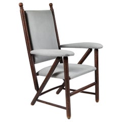 19th Century Antique Turned Wood Upholstered Armchair 19th Century Antique Turned Wood Upholstered Armchair