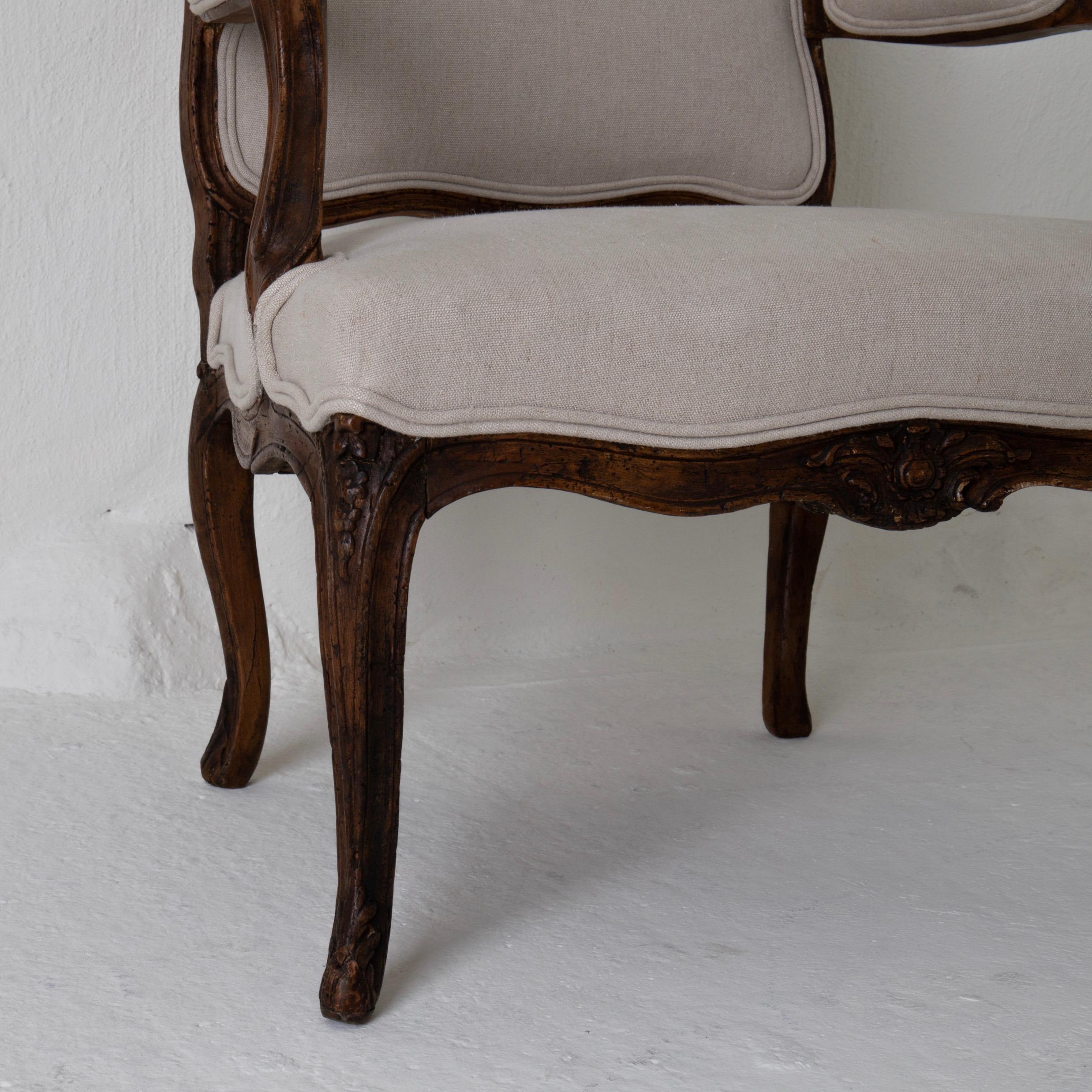 18th Century Armchair French Rococo Brown Beige Linen, France