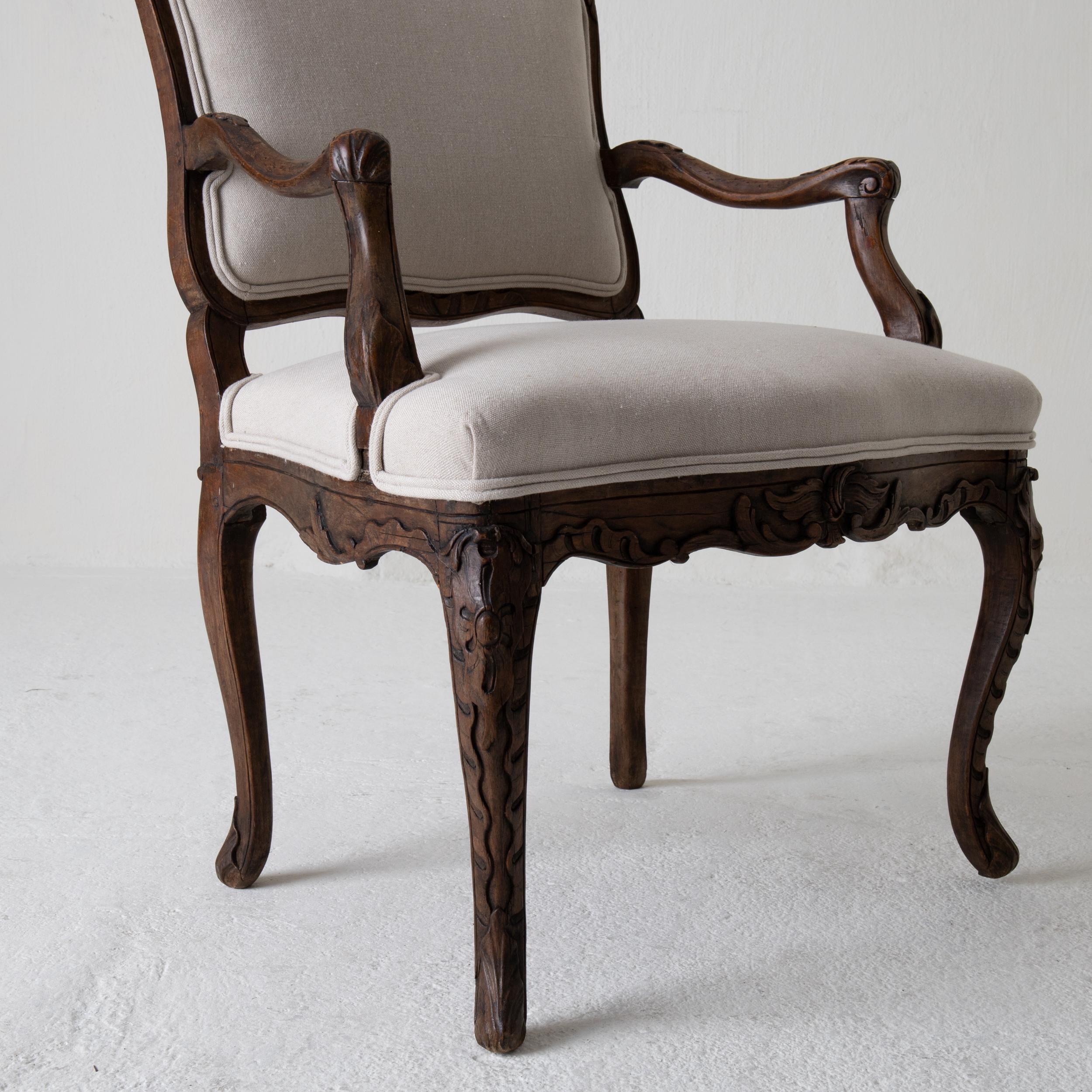 Stained Armchair French Rococo Brown Beige Linen France