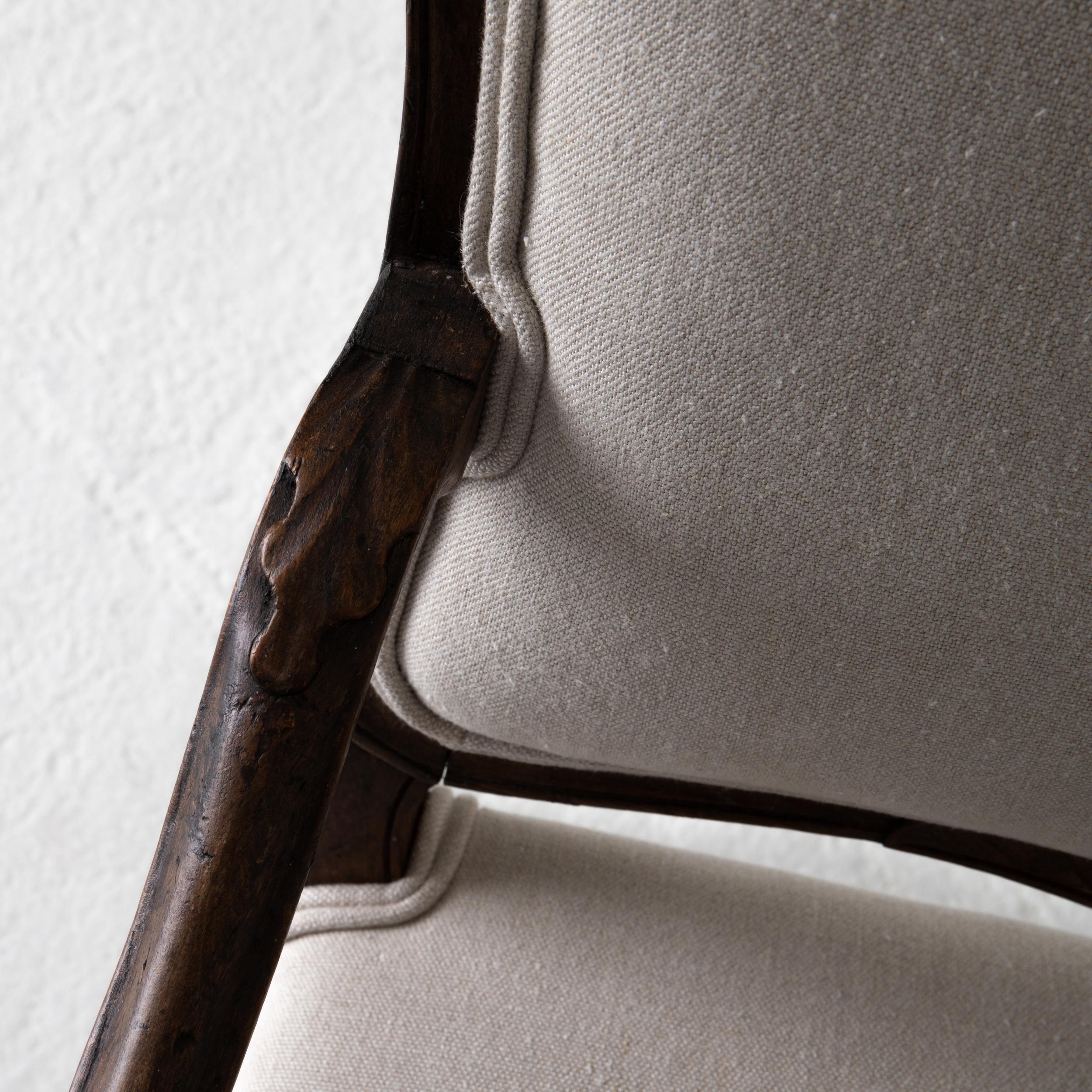 Oak Armchair French Rococo Brown Beige Linen France