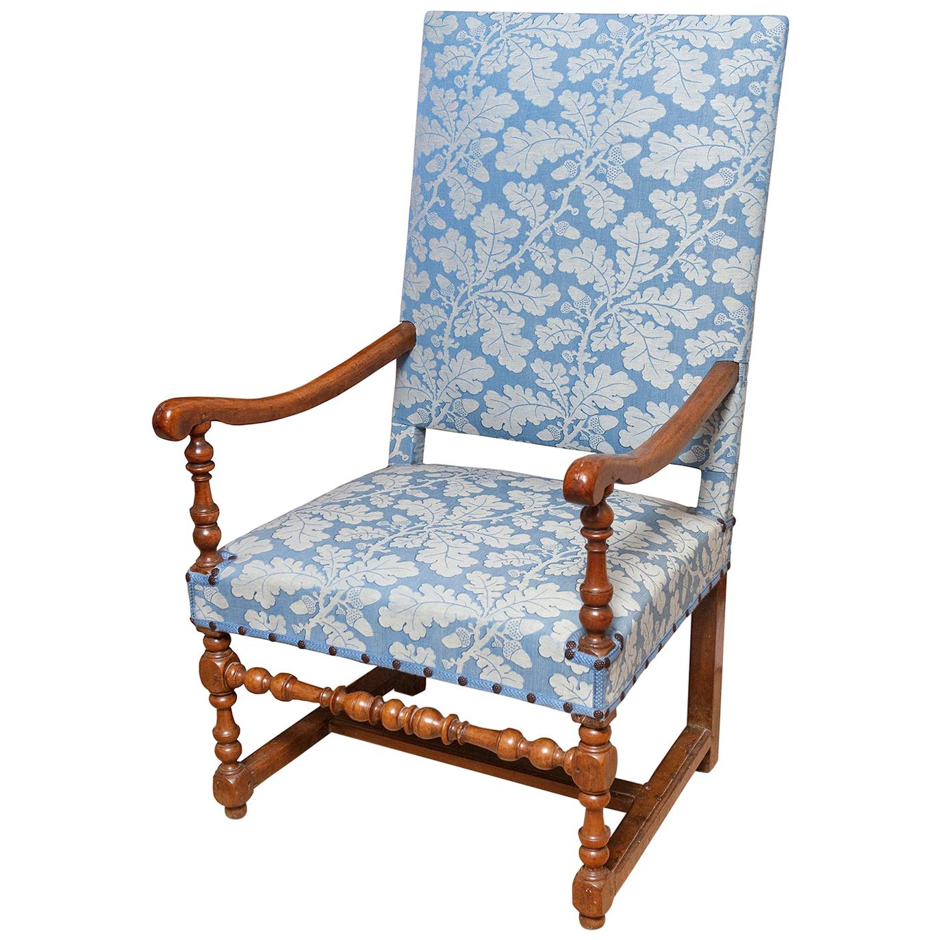 Armchair French Walnut Upholstered Open Baroque Blue Leaf Upholstery