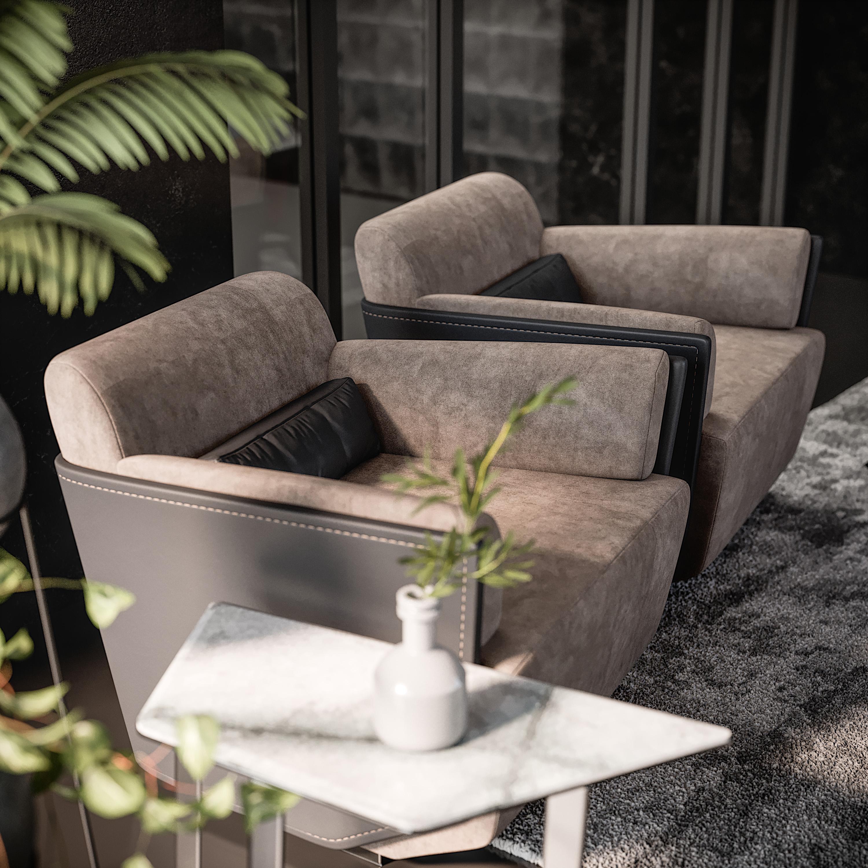 Moderne Fauteuil contemporain en cuir avec étui extérieur en cuir et tissu d'ameublement intérieur en cuir de Nabuk en vente