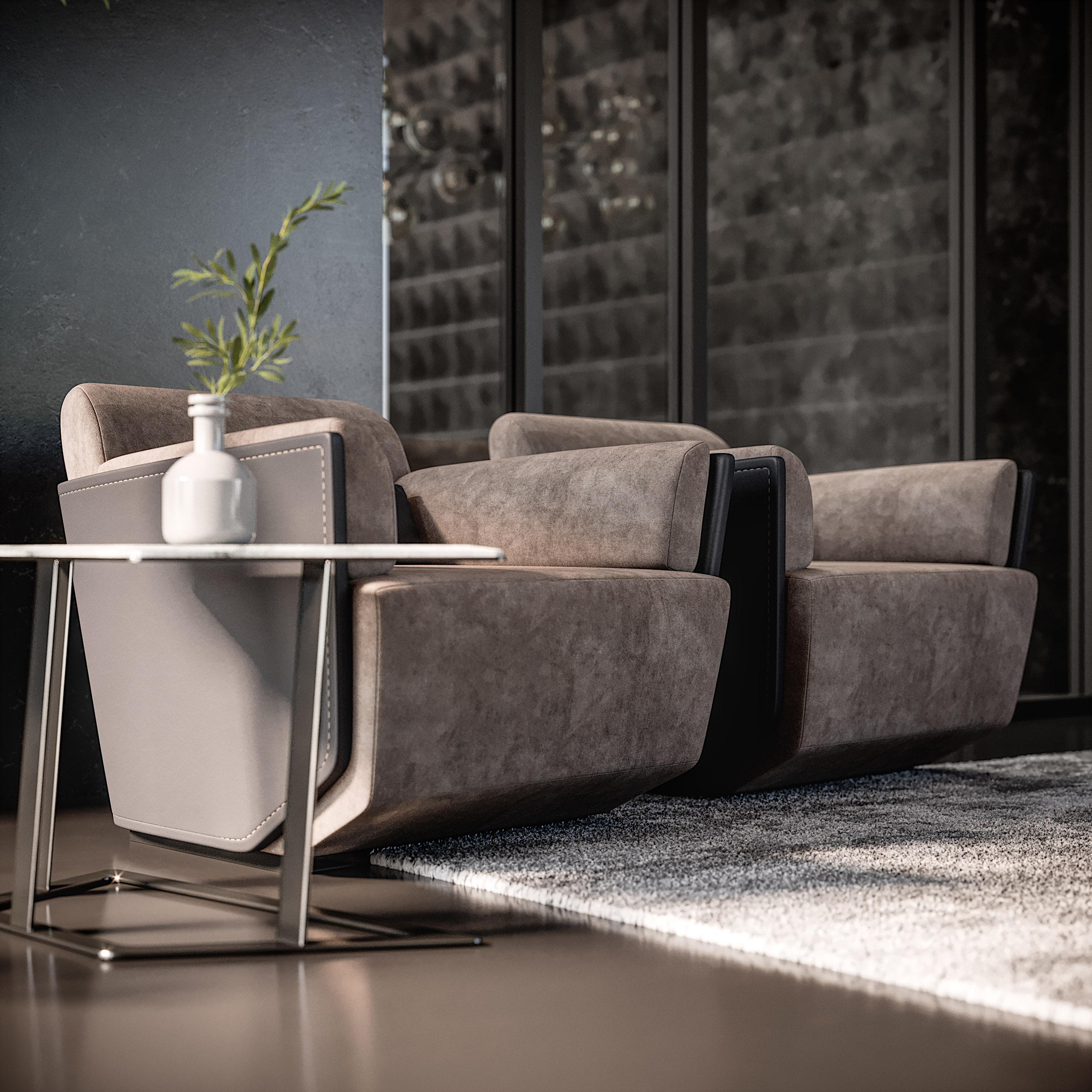 italien Fauteuil contemporain en cuir avec étui extérieur en cuir et tissu d'ameublement intérieur en cuir de Nabuk en vente