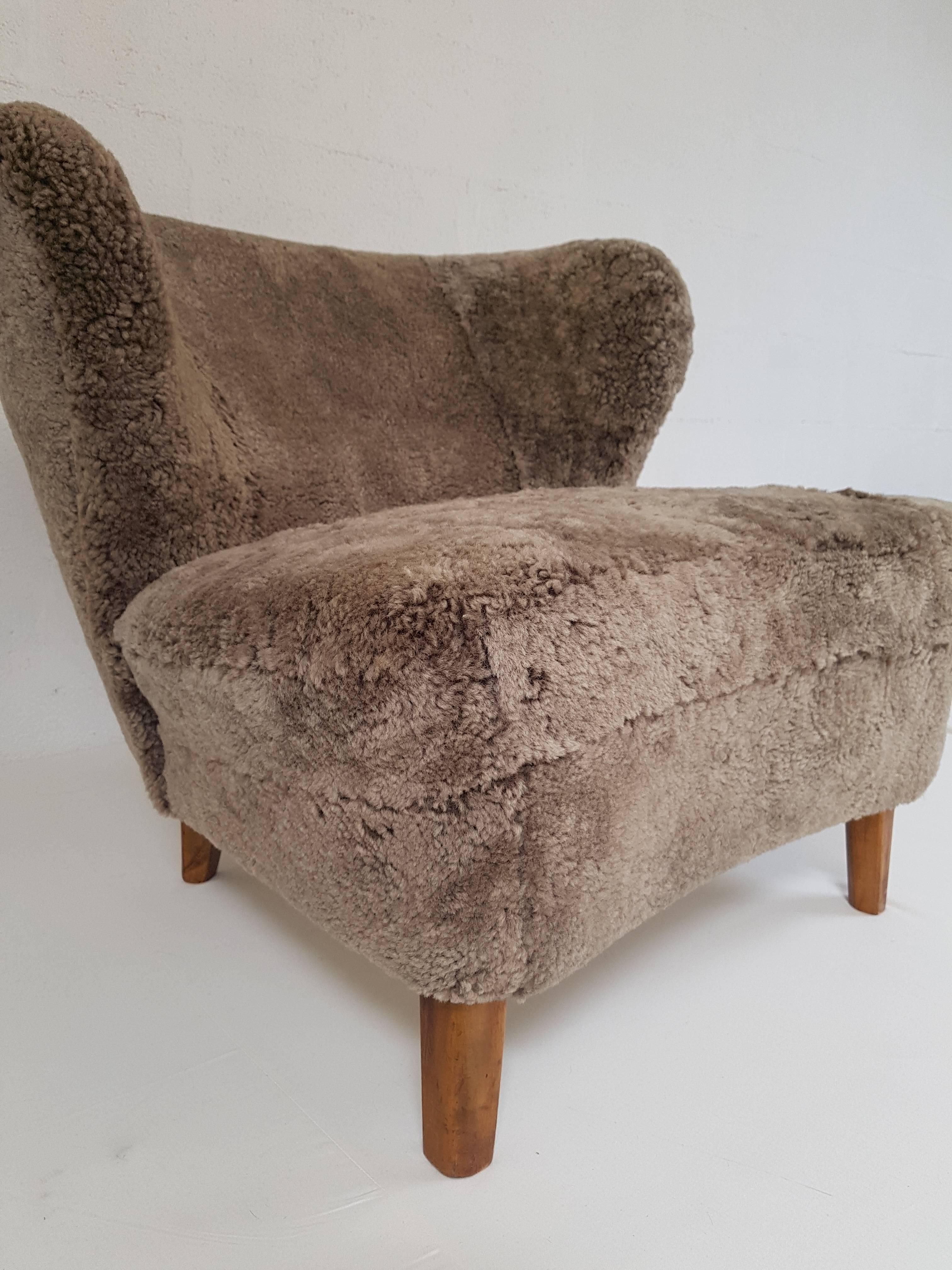 French Armchair Gosta Jonsson, circa 1940, Curly Shearling Upholstery