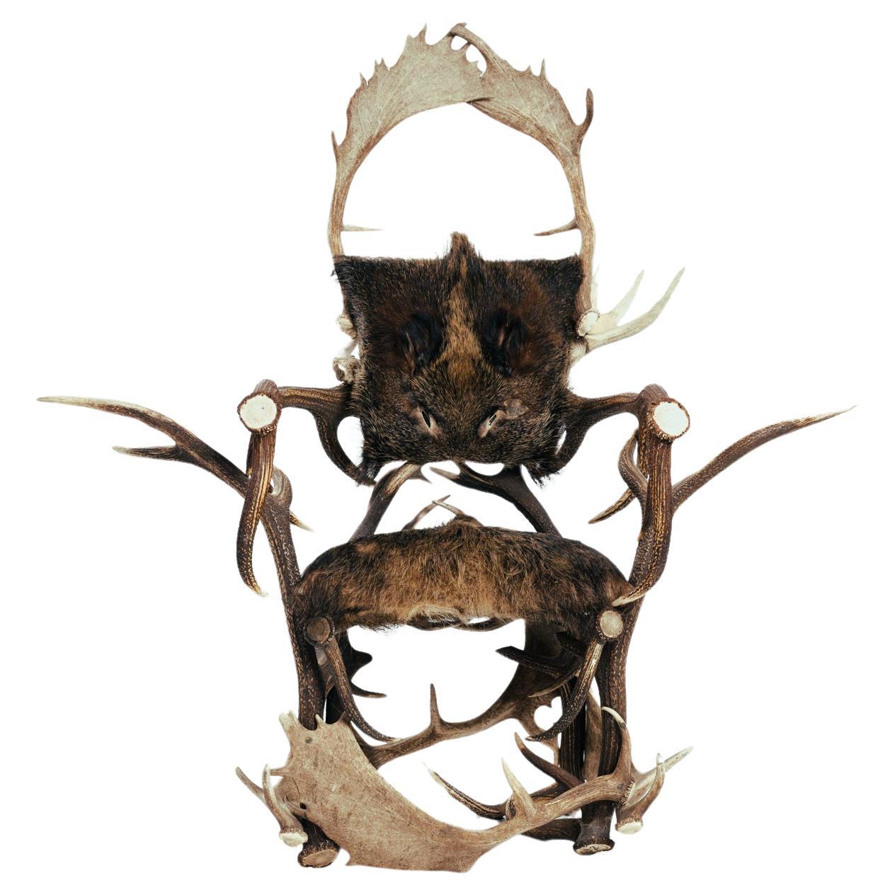 Hunting trophy armchair of antlers, wild boar and red deer. Very expressive and impressive looking throne 
The fluid form of the antlers creates a sculptural, organic aesthetic. 
Next to that this chair is usable and comfortable. It has taken great