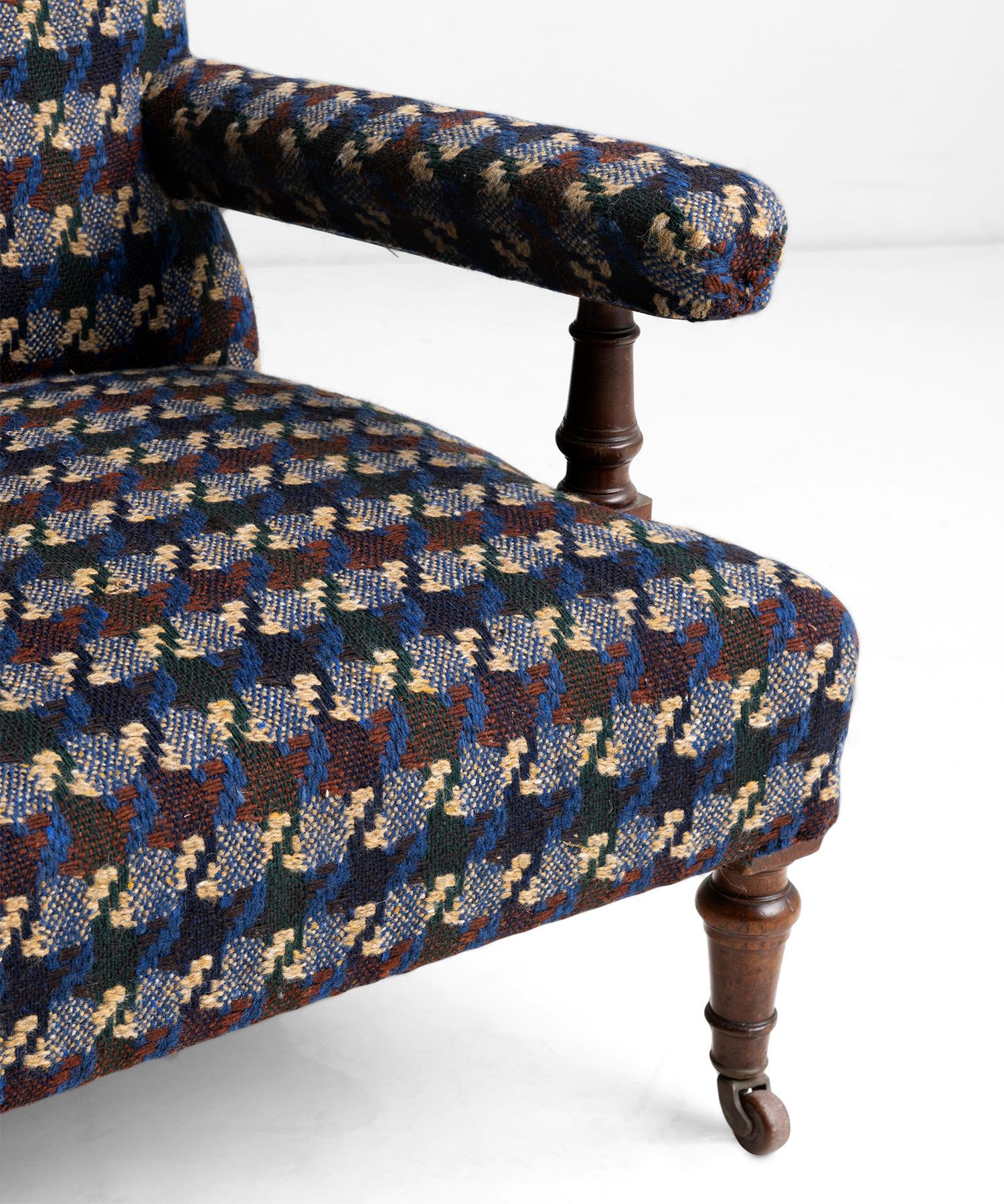 Victorian Armchair in 100% Virgin Wool Houndstooth by Pierre Frey, England circa 1850