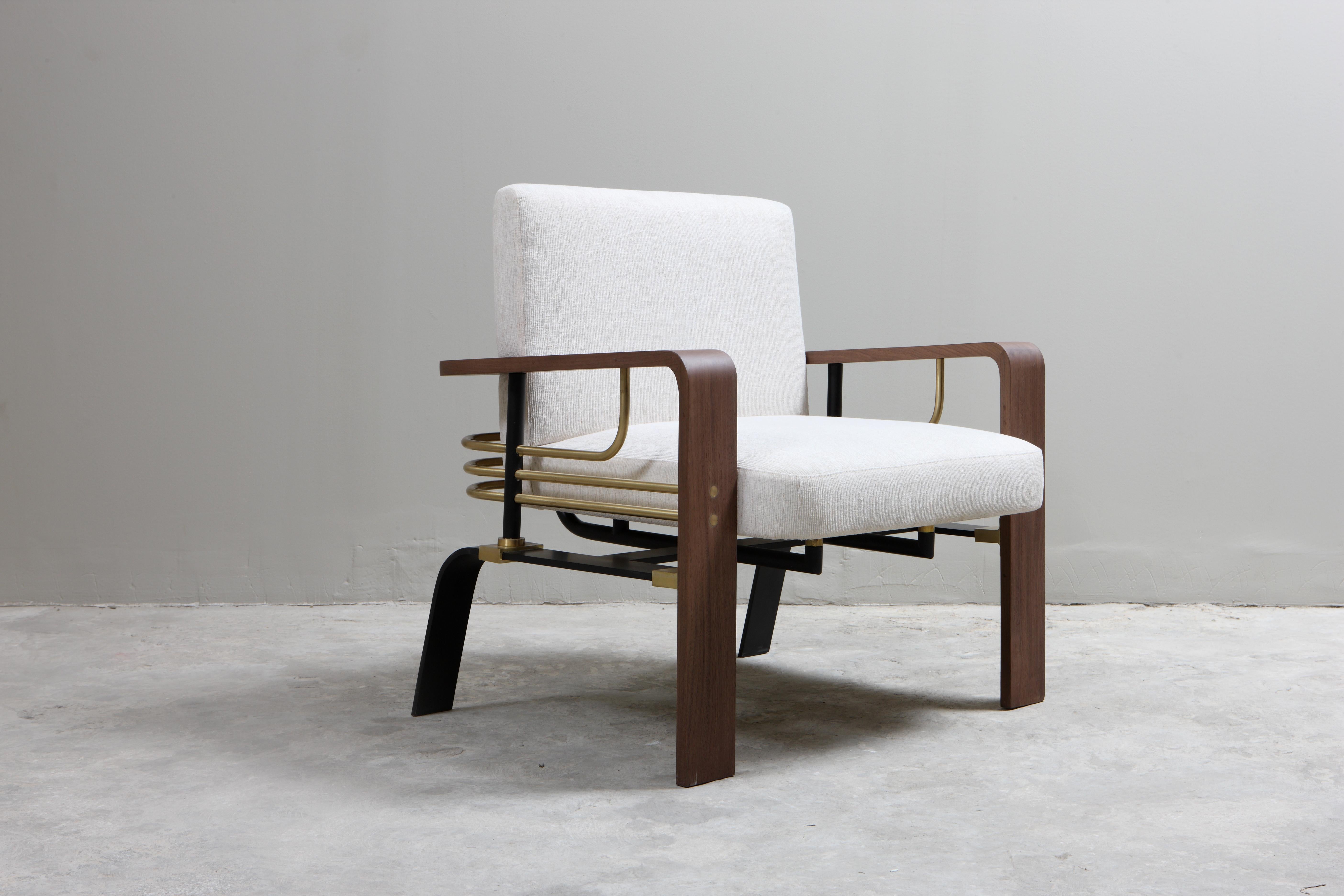Other Armchair in American Walnut, Steel, Brass and Linen by Studio A For Sale