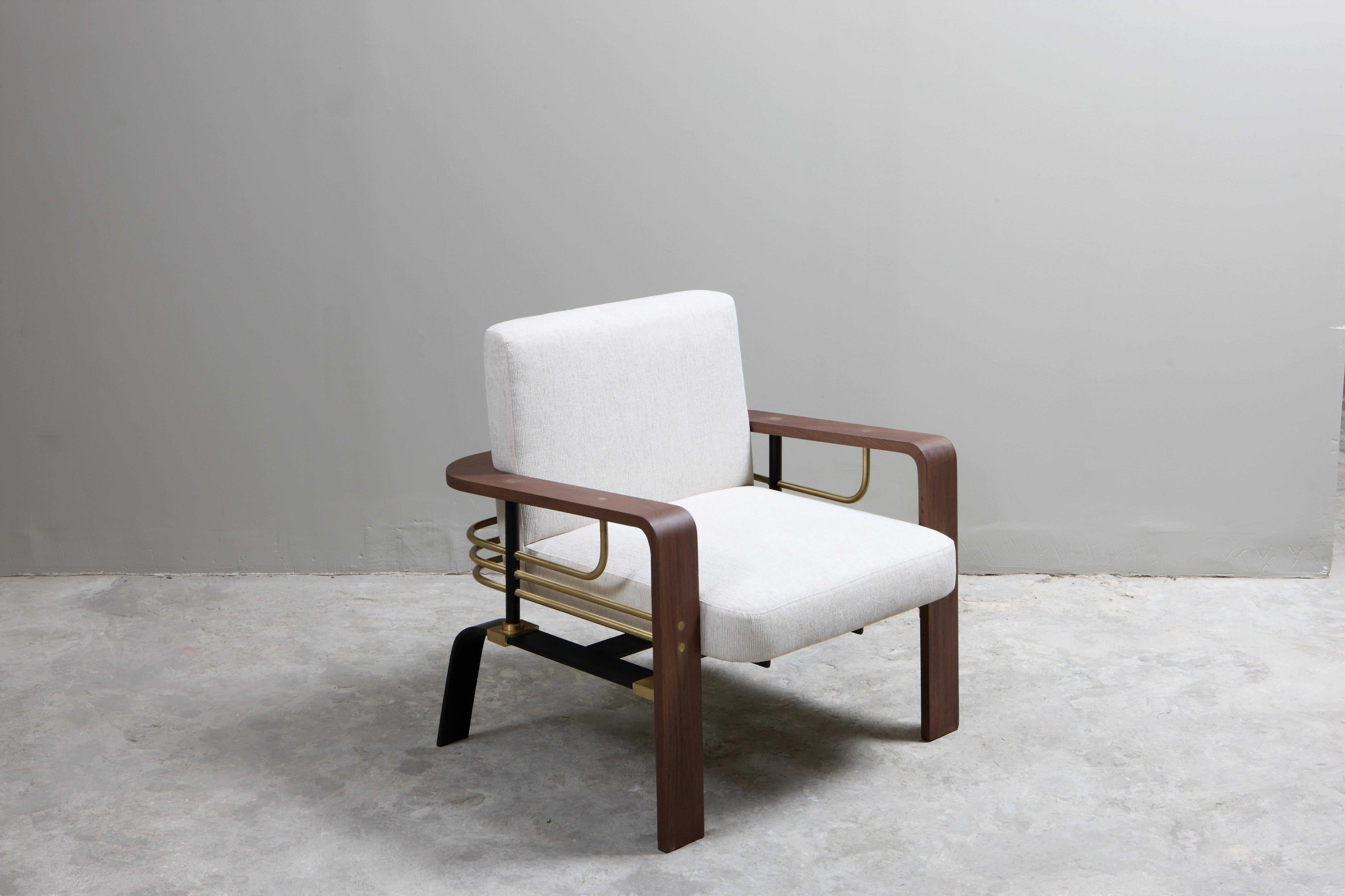 Lebanese Armchair in American Walnut, Steel, Brass and Linen by Studio A For Sale