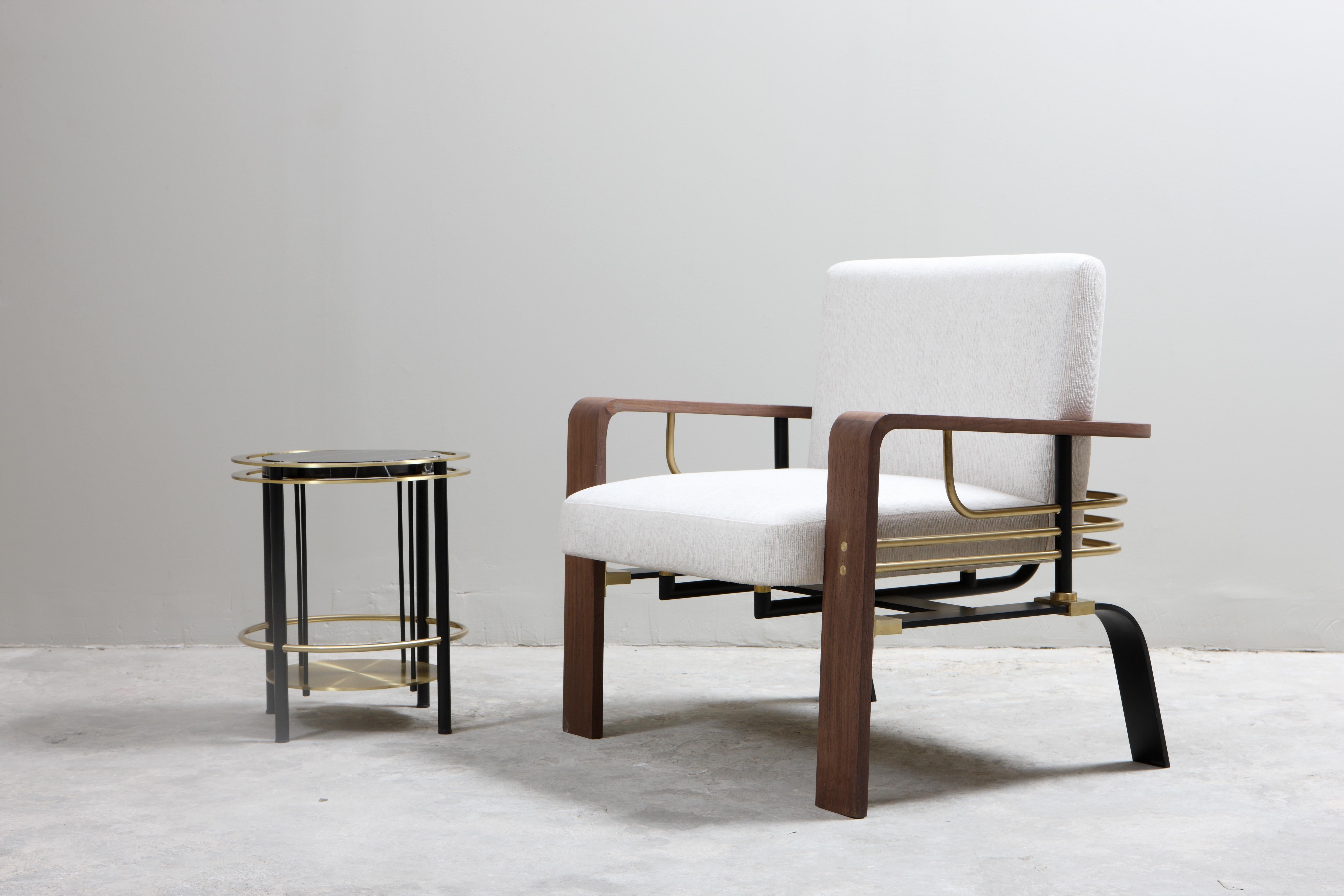 Contemporary Armchair in American Walnut, Steel, Brass and Linen by Studio A For Sale
