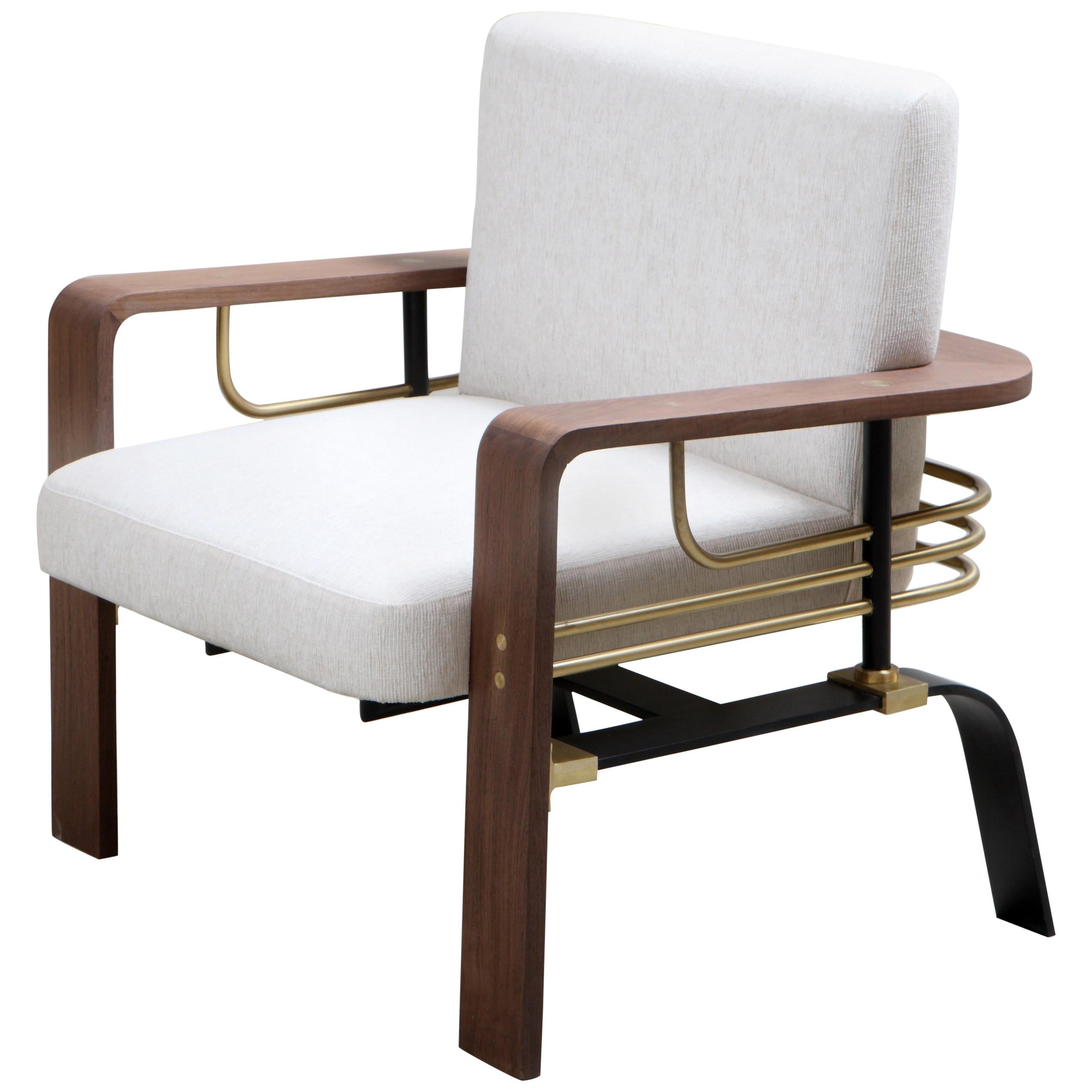 Armchair in American Walnut, Steel, Brass and Linen by Studio A For Sale