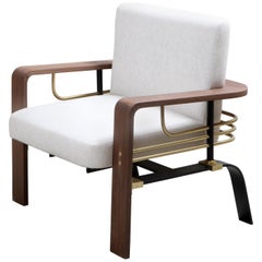 Armchair in American Walnut, Steel, Brass and Linen by Studio A