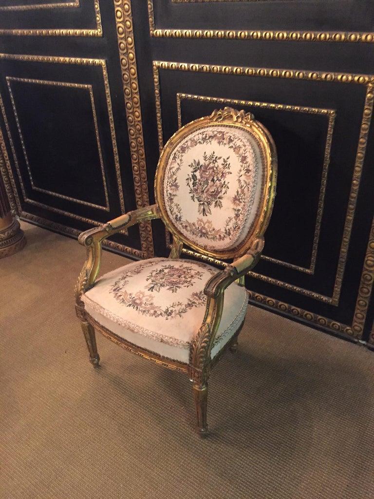 Louis XVI Armchair in Antique Louis Seize Style Tapestry Fabric Gildet Beech For Sale
