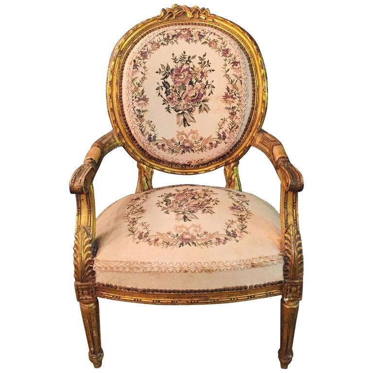 Armchair in Antique Louis Seize Style Tapestry Fabric Gildet Beech For Sale