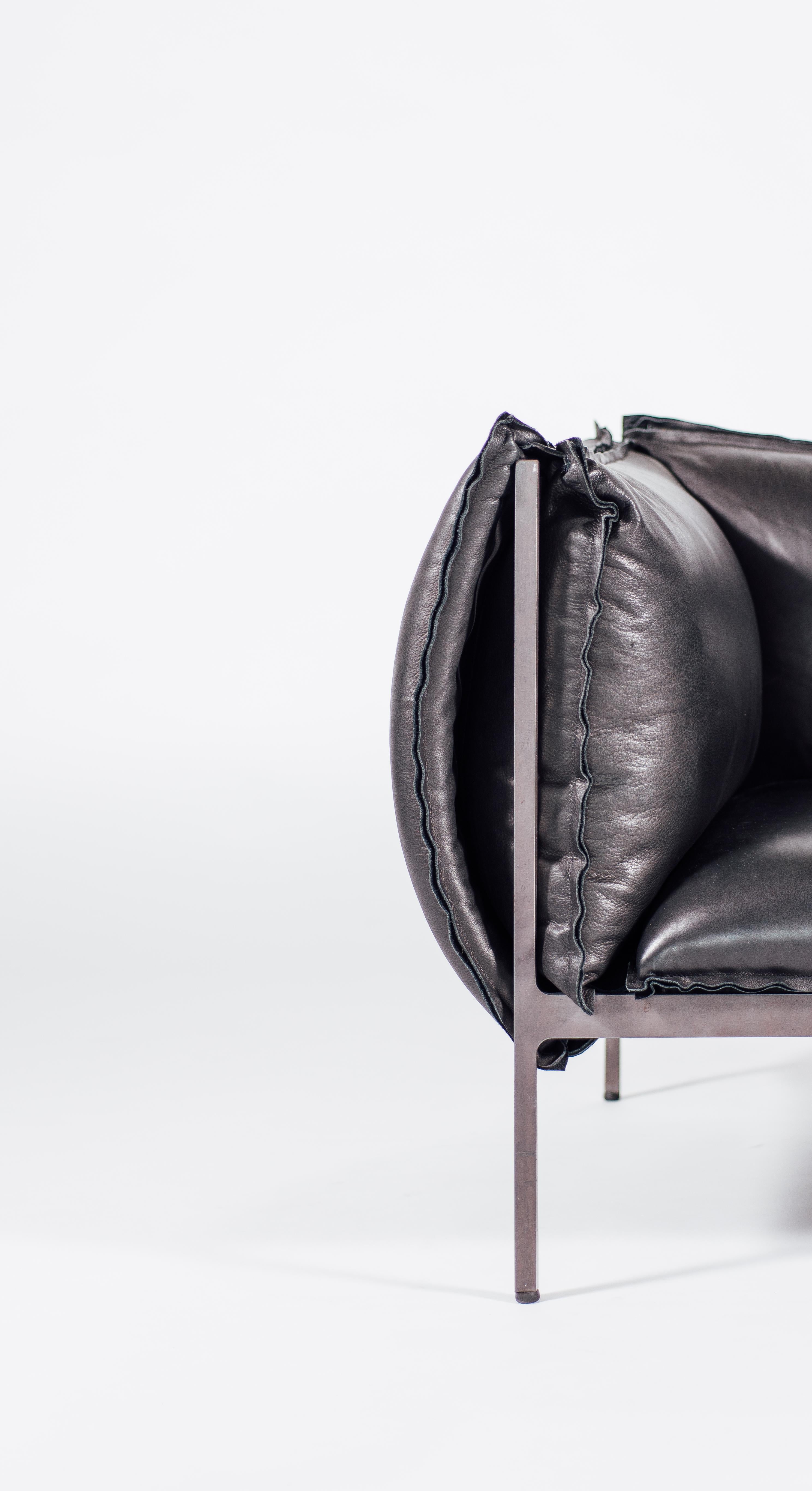 Other Armchair in Smooth Black Leather and Laser-Cut Steel For Sale