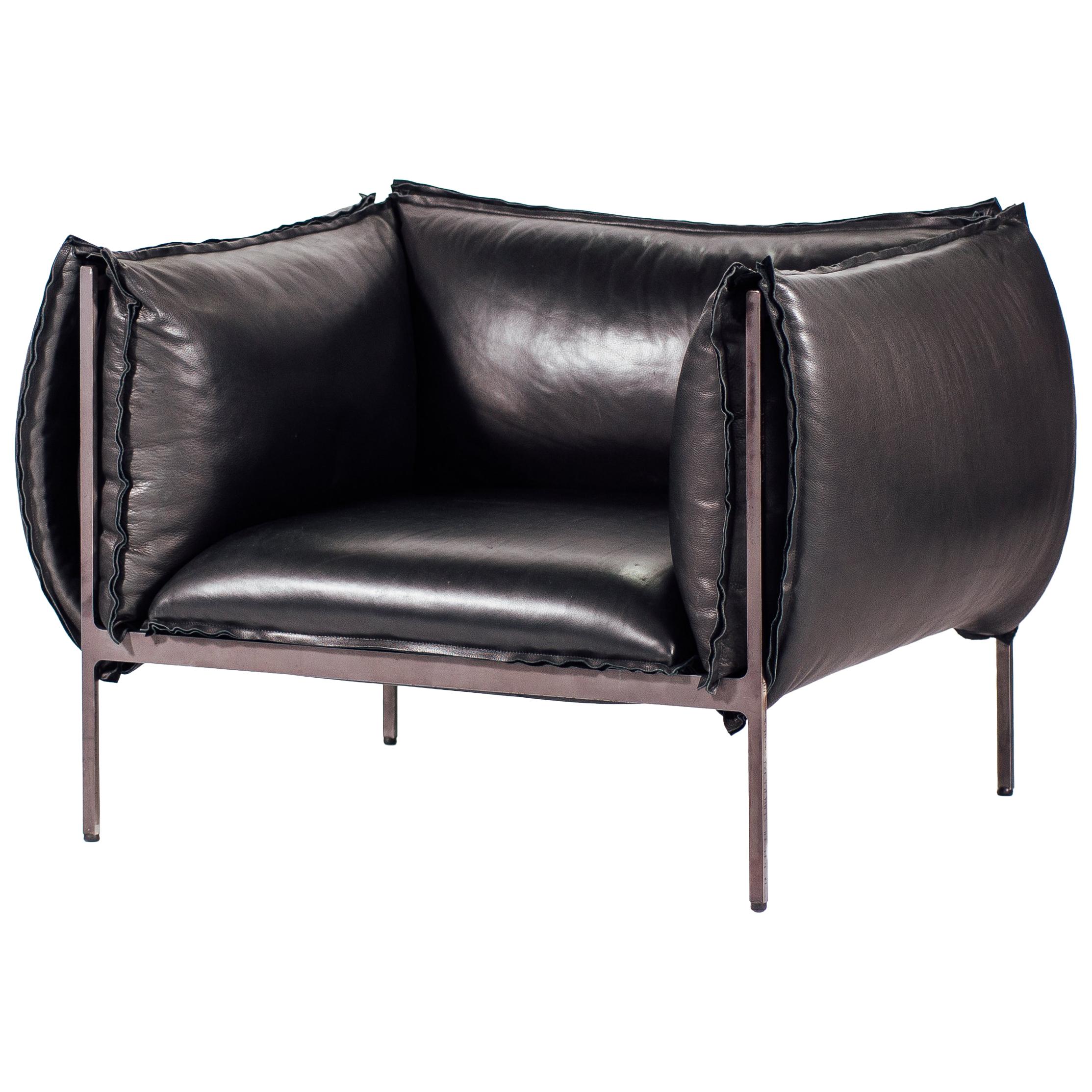 Armchair in Smooth Black Leather and Laser-Cut Steel For Sale