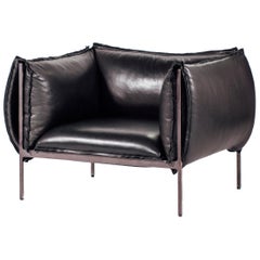 Armchair in Smooth Black Leather and Laser-Cut Steel