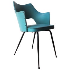 Armchair in Bluegreen Eco Friendly Original Leather, Black Metal Legs, 1950s