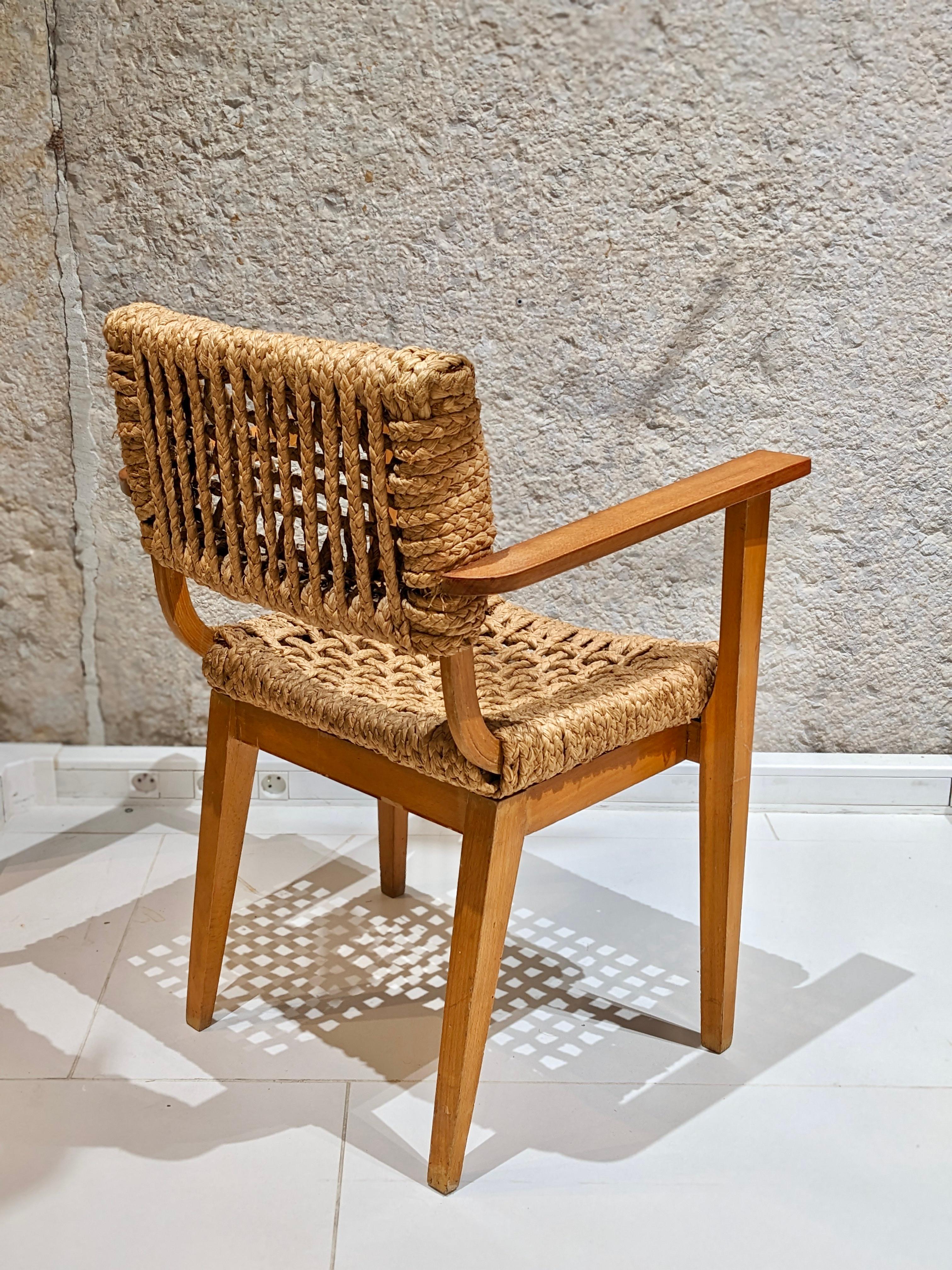 Mid-Century Modern Armchair in braided rope by Adrien Audoux and Frida Minet. For Sale