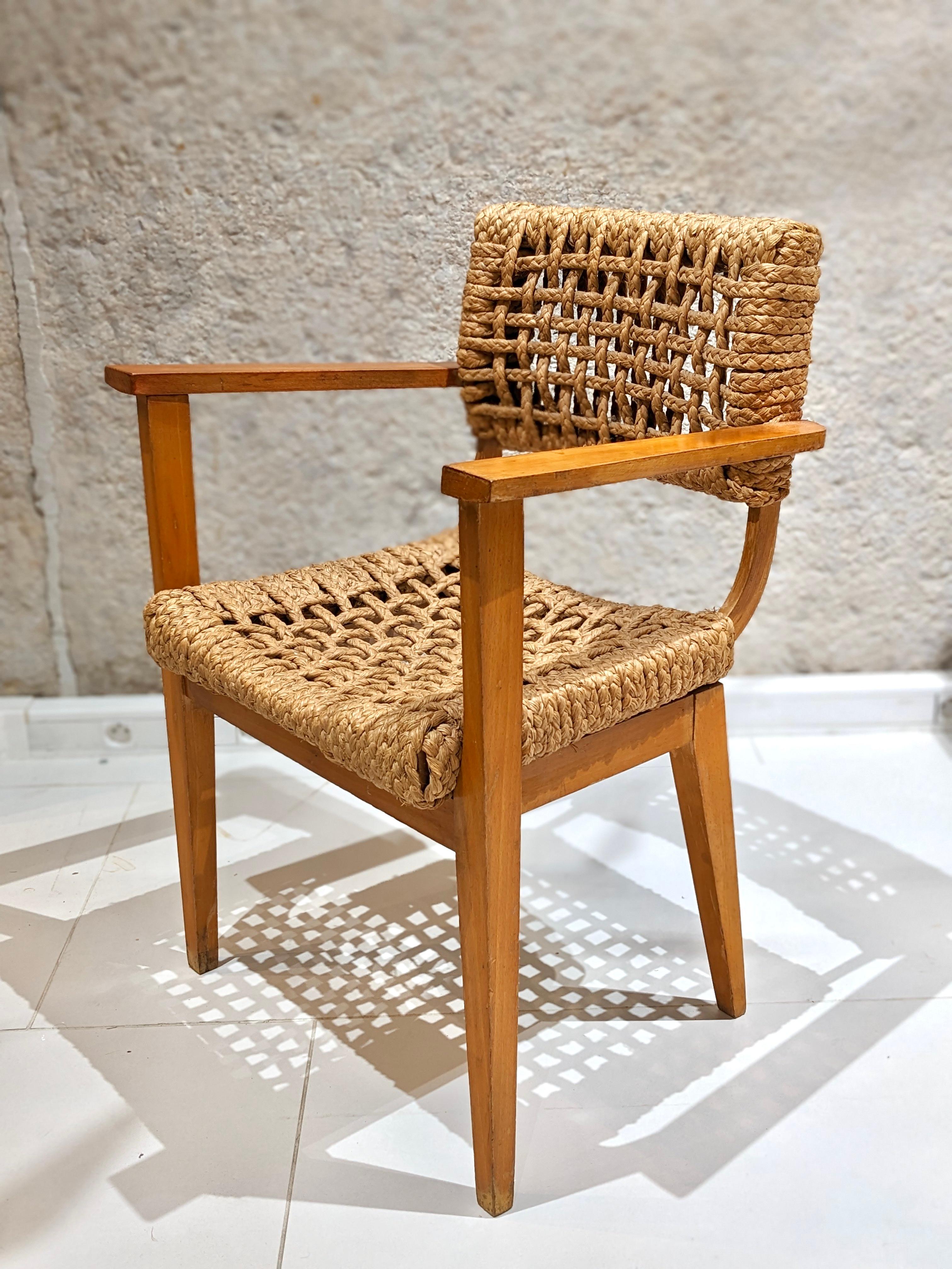 Mid-20th Century Armchair in braided rope by Adrien Audoux and Frida Minet. For Sale