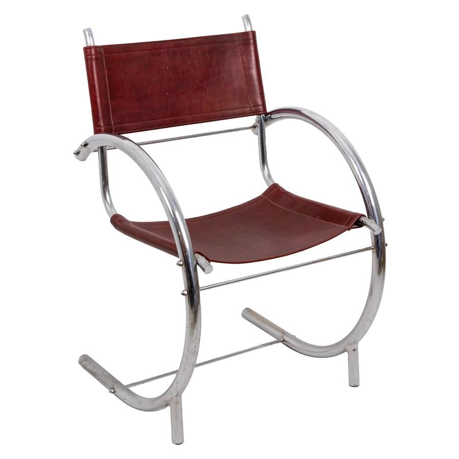 Armchair in Chromed Metal and Red Leather, 1930s For Sale