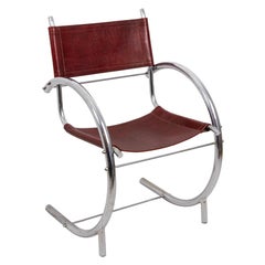 Armchair in Chromed Metal and Red Leather, 1930s