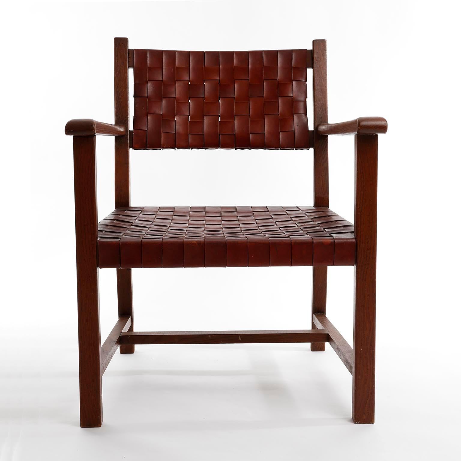 Mid-Century Modern Armchair in Cognac Brown Patinated Braided Leather and Oak, 1960s For Sale