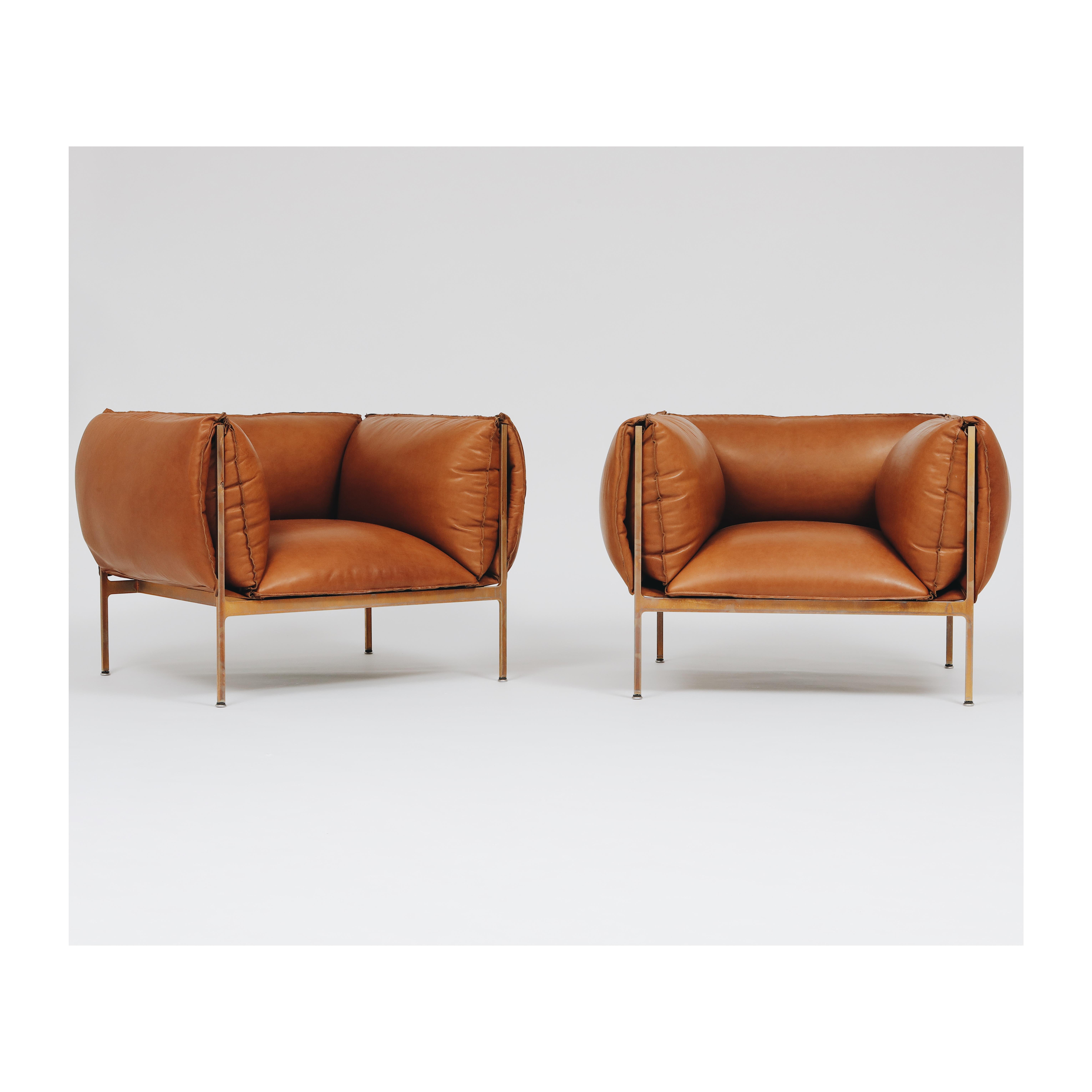 American Armchair in Cognac Leather and Burnished Brass-Plated Laser-Cut Steel Frame For Sale