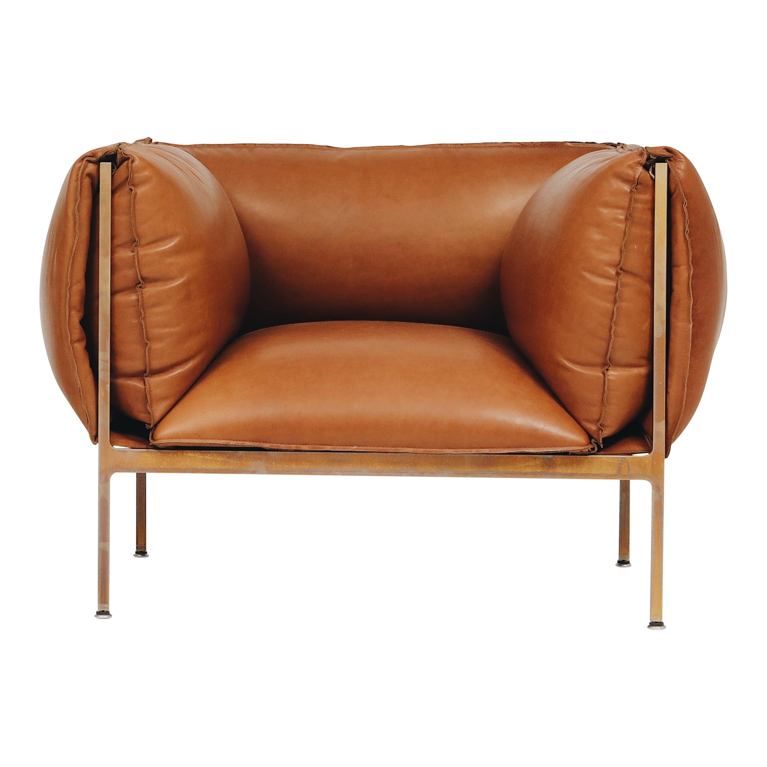 Armchair in Cognac Leather and Burnished Brass-Plated Laser-Cut Steel Frame