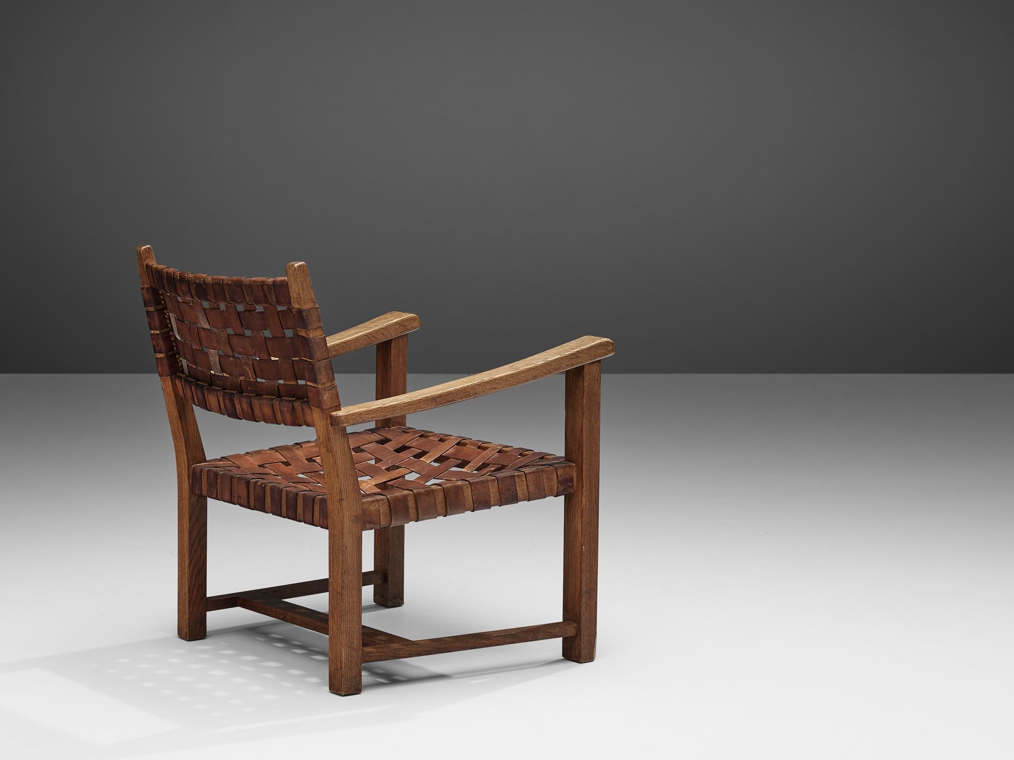 Sessel aus cognacfarbenem Leder und Eiche (Moderne der Mitte des Jahrhunderts) im Angebot