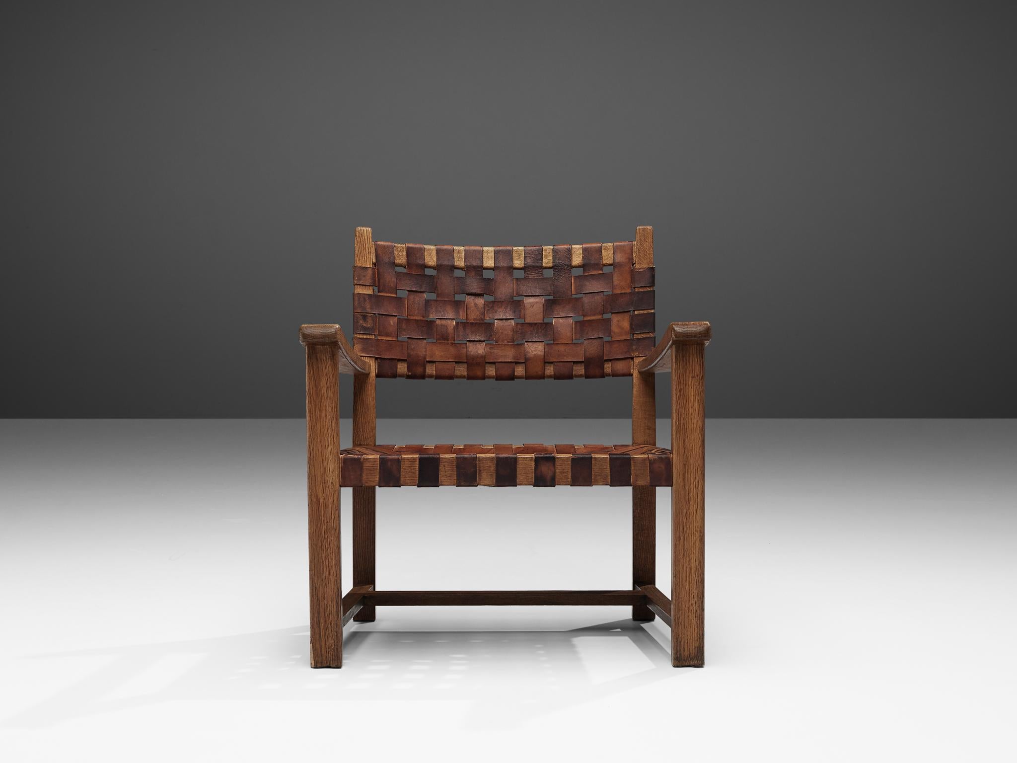 European Armchair in Cognac Leather and Oak For Sale