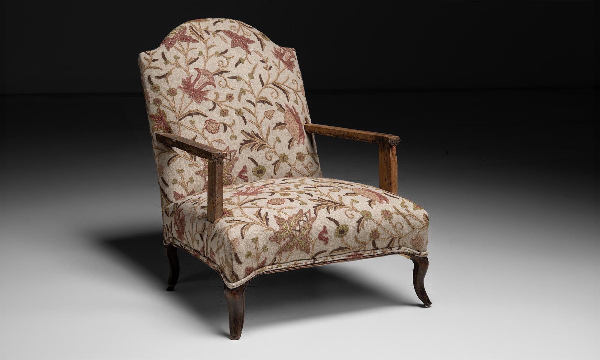Armchair in Embroidered Linen

France circa 1790

French directoire bergere newly upholstered in embroidered linen blend by Marvic.

28”w x 38”d x 35”h x 14”seat