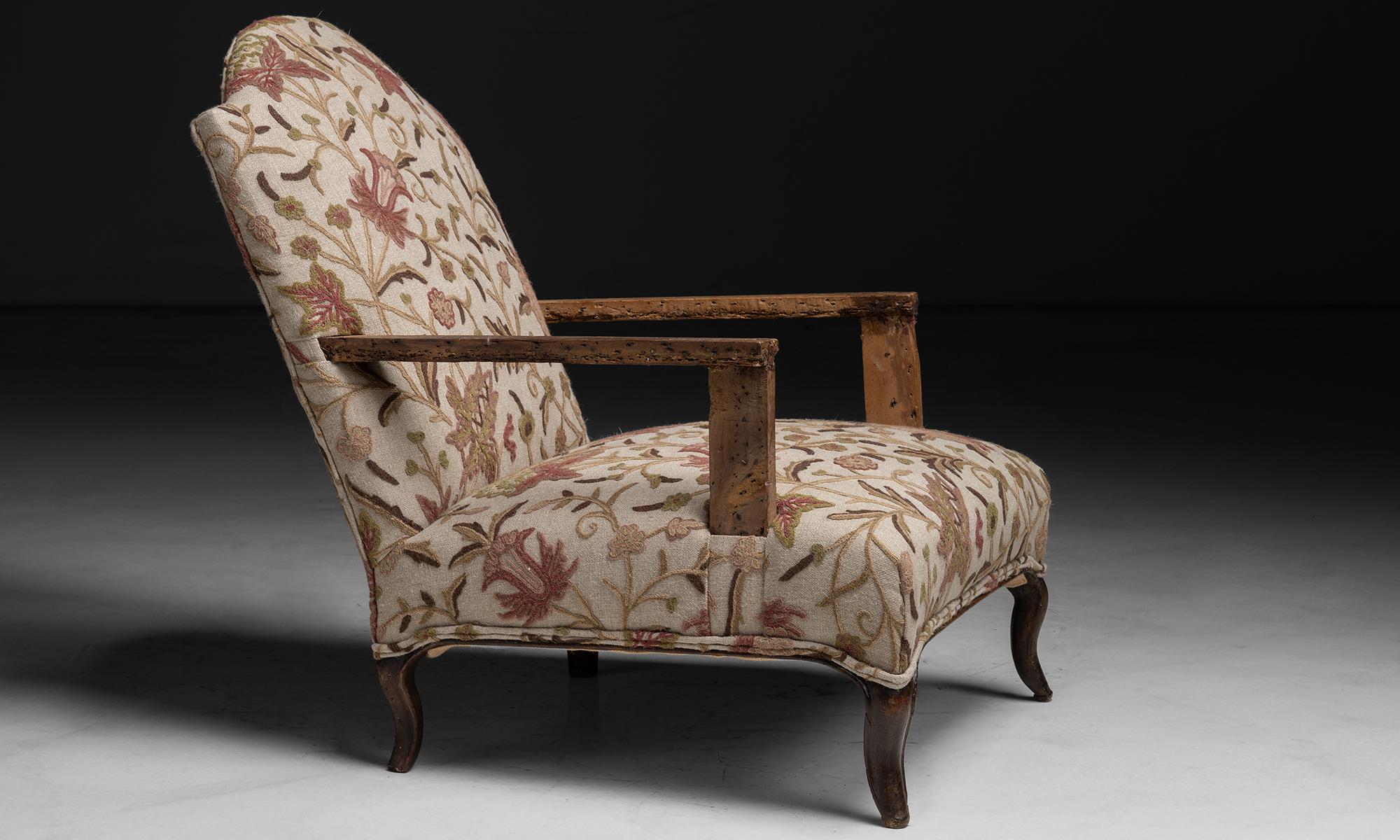 French Armchair in Embroidered Linen, France circa 1790