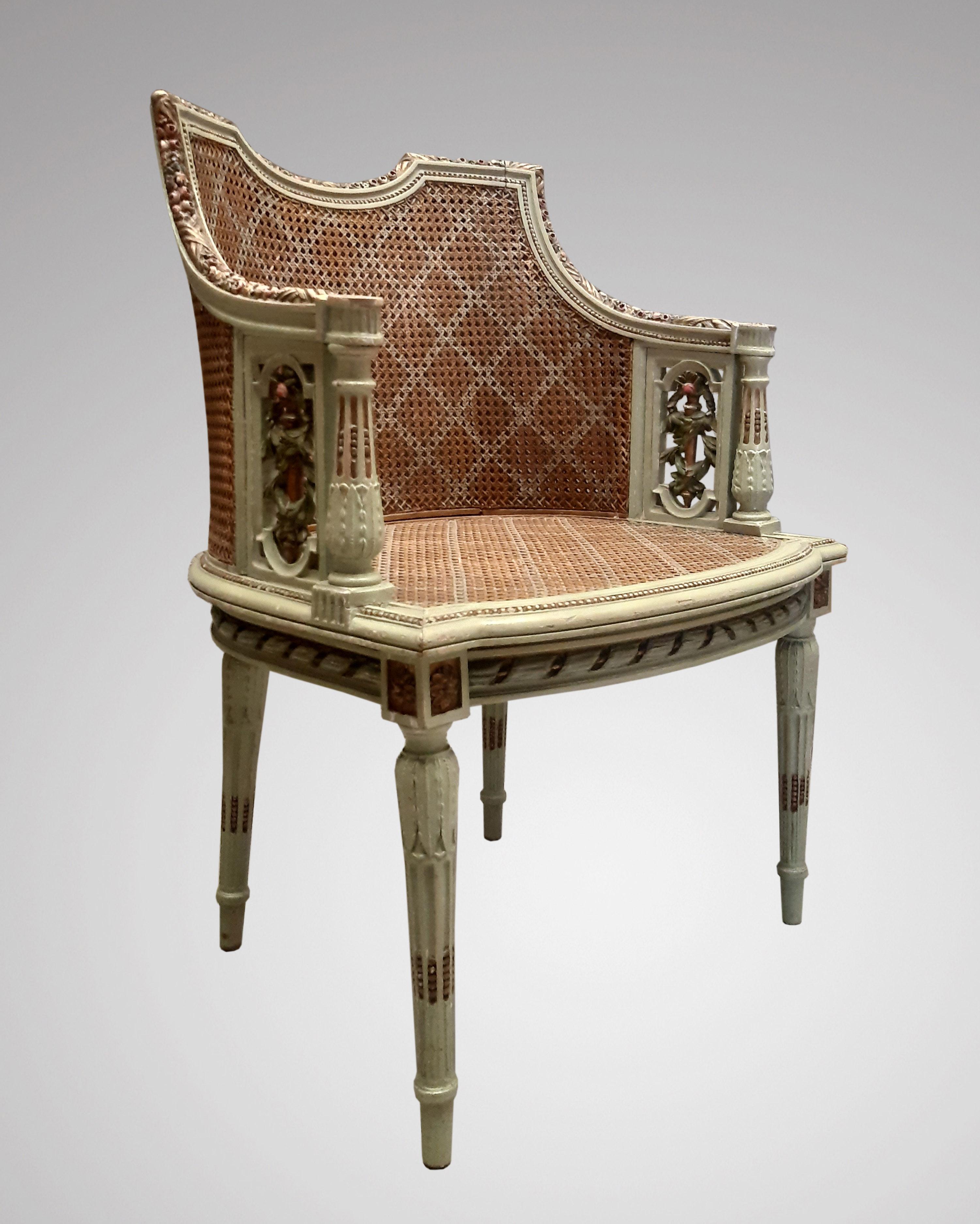 Hand-Painted Armchair in Green Cane with Carved Pink Flowers in the Romantic Louis XVI Style