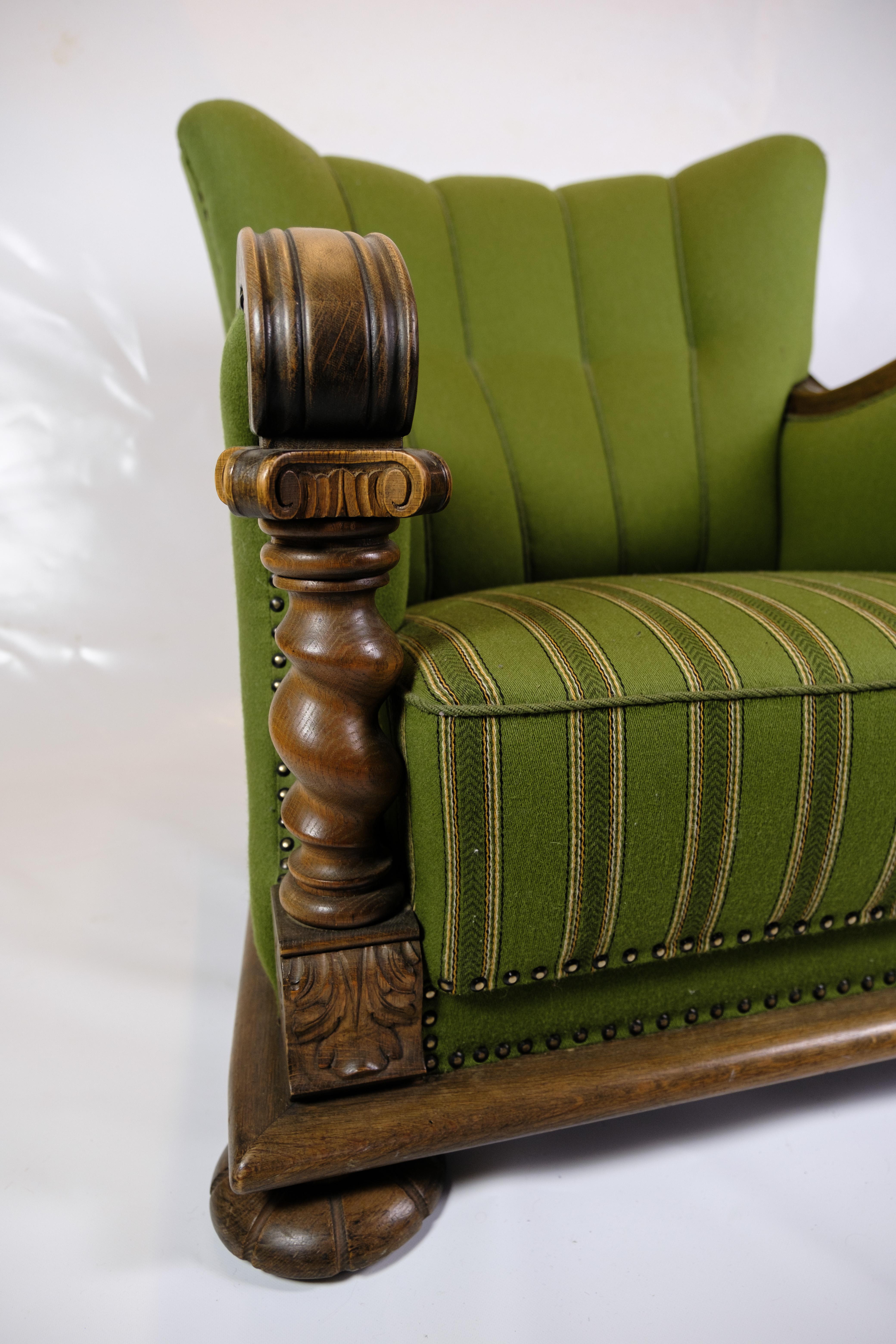 Armchair in Green Fabric with Wood Carvings from 1920s. For Sale 1