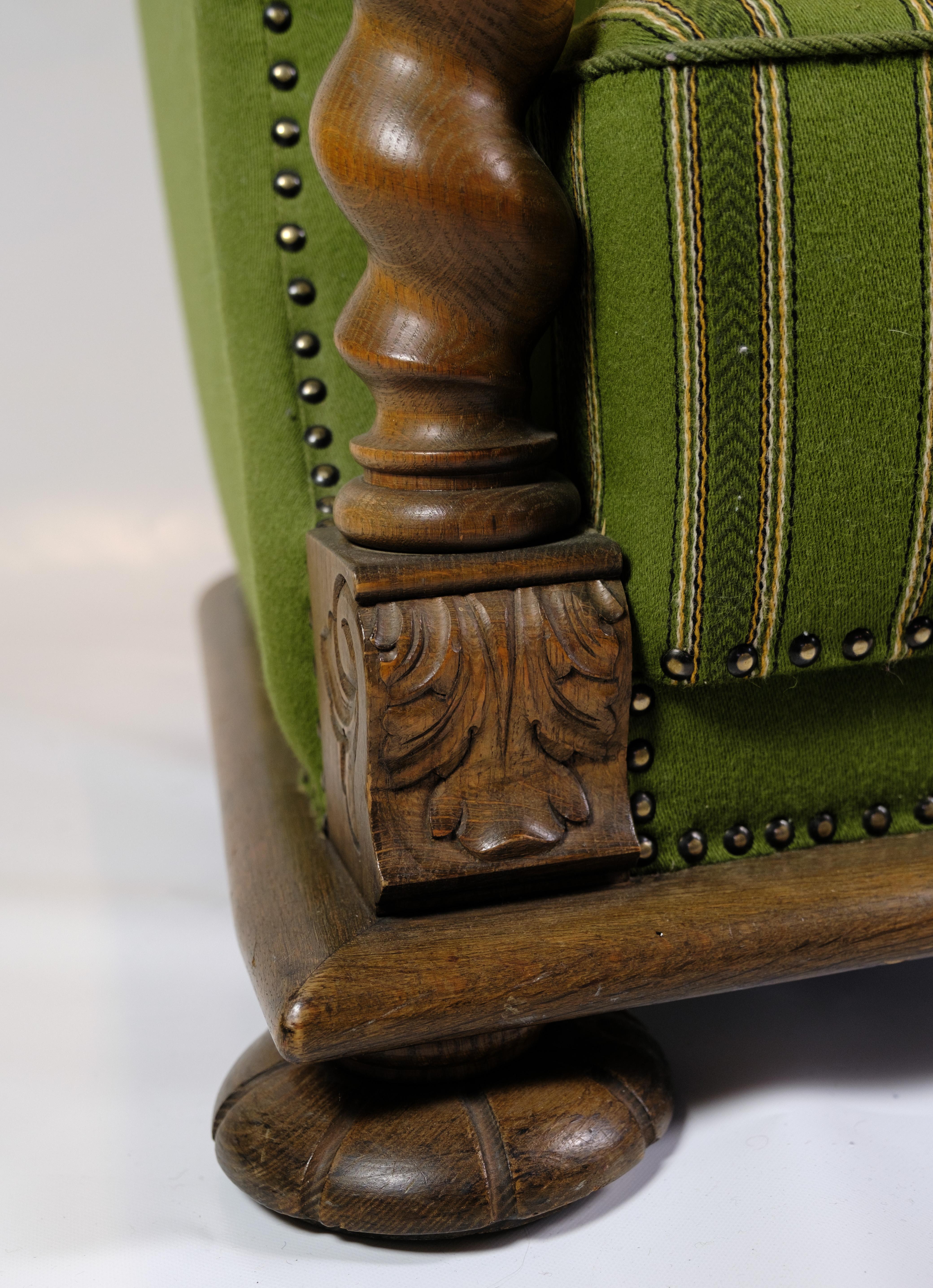 Armchair in Green Fabric with Wood Carvings from 1920s. For Sale 2