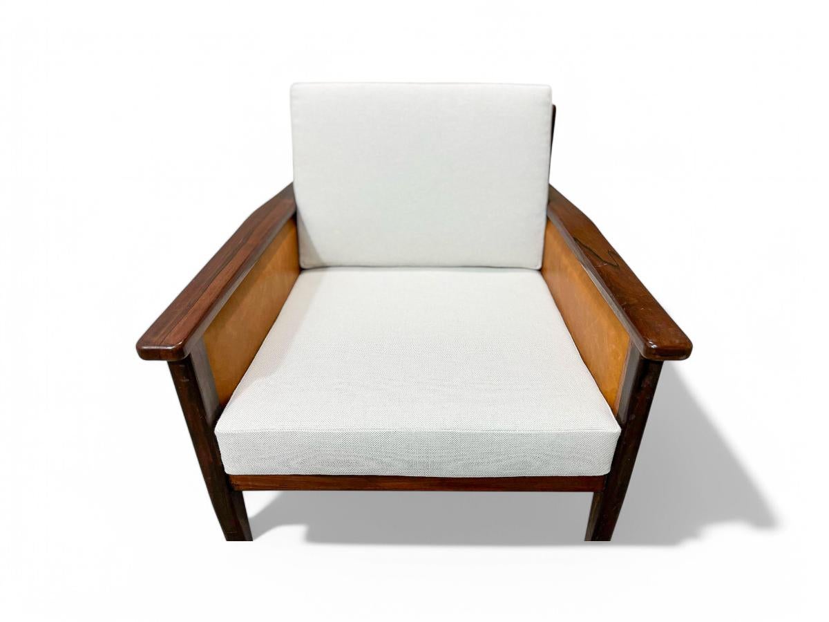 Armchair in Hardwood, Leather & Linen, Fatima, c. 1960s, Brazil For Sale 3