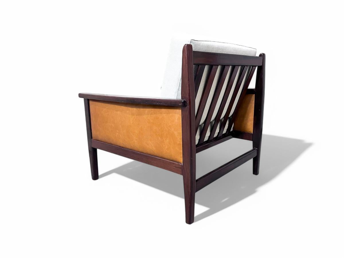 Brazilian Armchair in Hardwood, Leather & Linen, Fatima, c. 1960s, Brazil For Sale