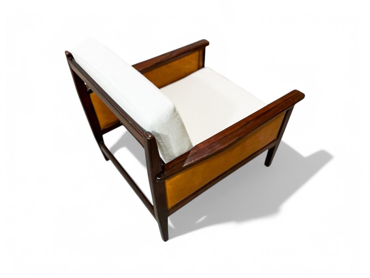 Armchair in Hardwood, Leather & Linen, Fatima, c. 1960s, Brazil In Good Condition For Sale In New York, NY