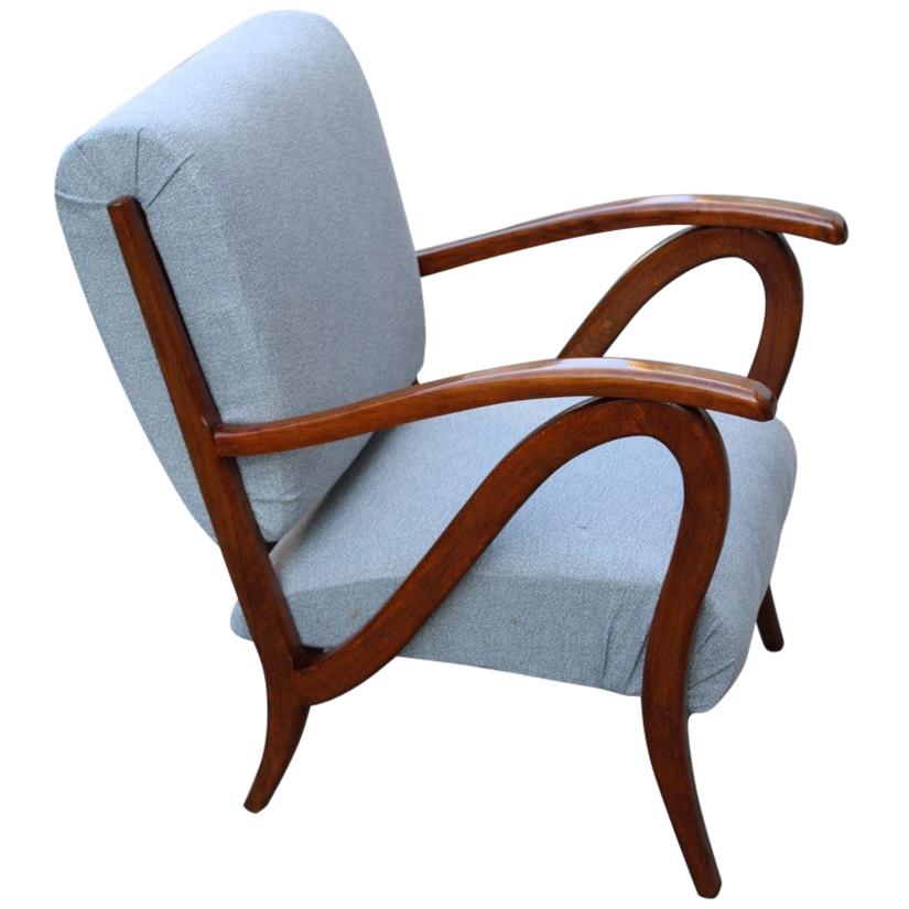 Armchair in Italian Curved Walnut Wood from the 1950s Upholstered Cushions