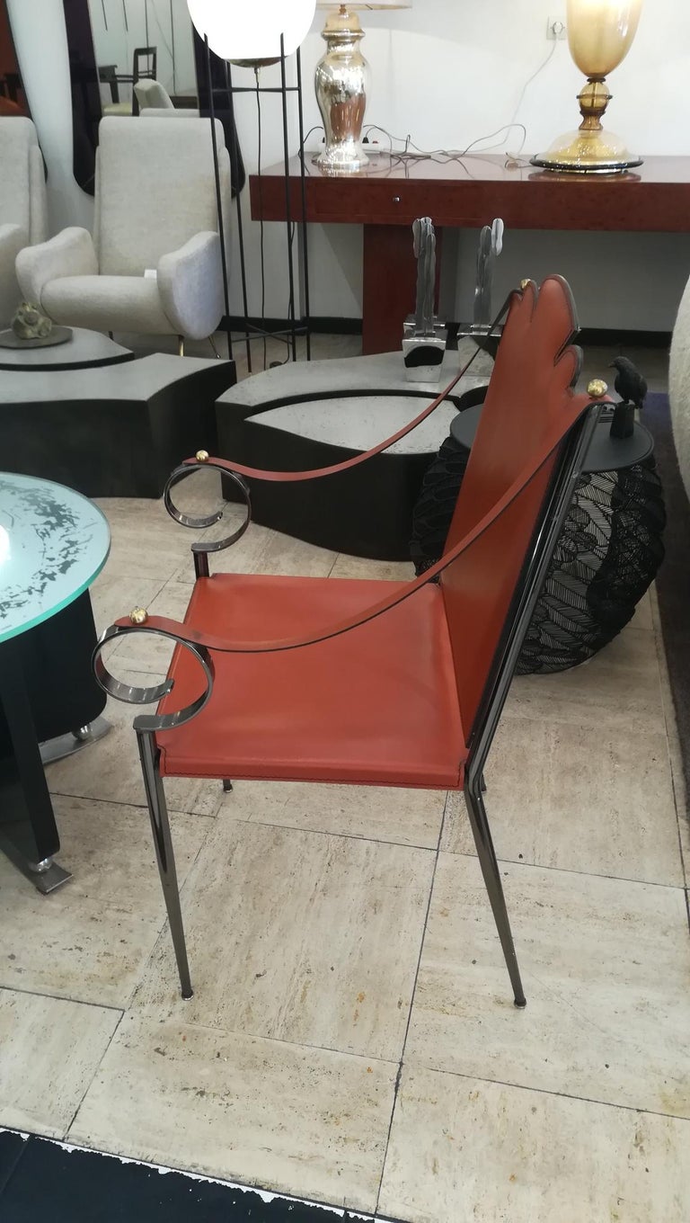 Mid-20th Century Armchair in Leather and Metal in the Taste of Poillerat For Sale