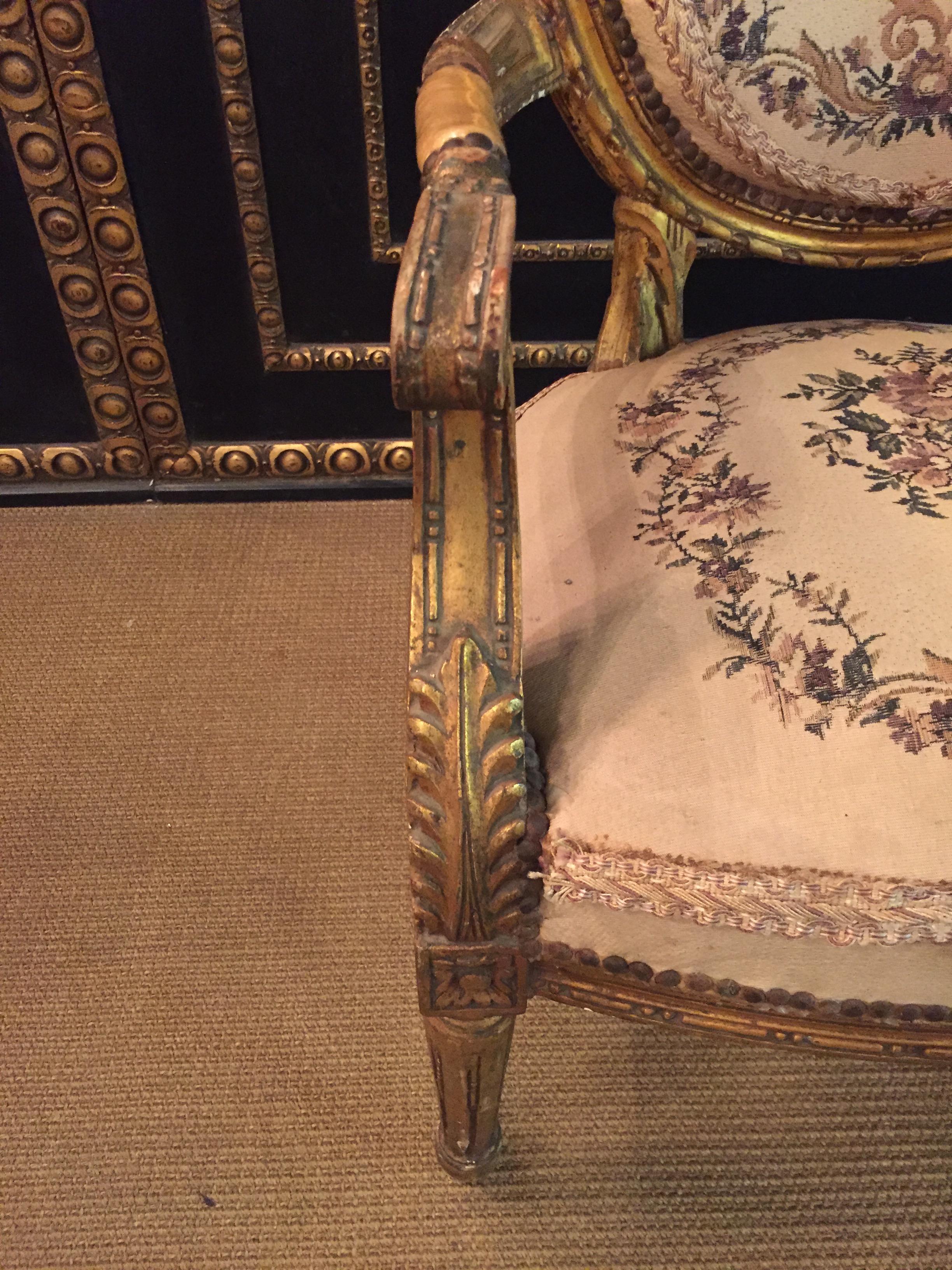 Hand-Carved Armchair in Antique Louis Seize Style, Tapestry Fabric Gildet beech carved