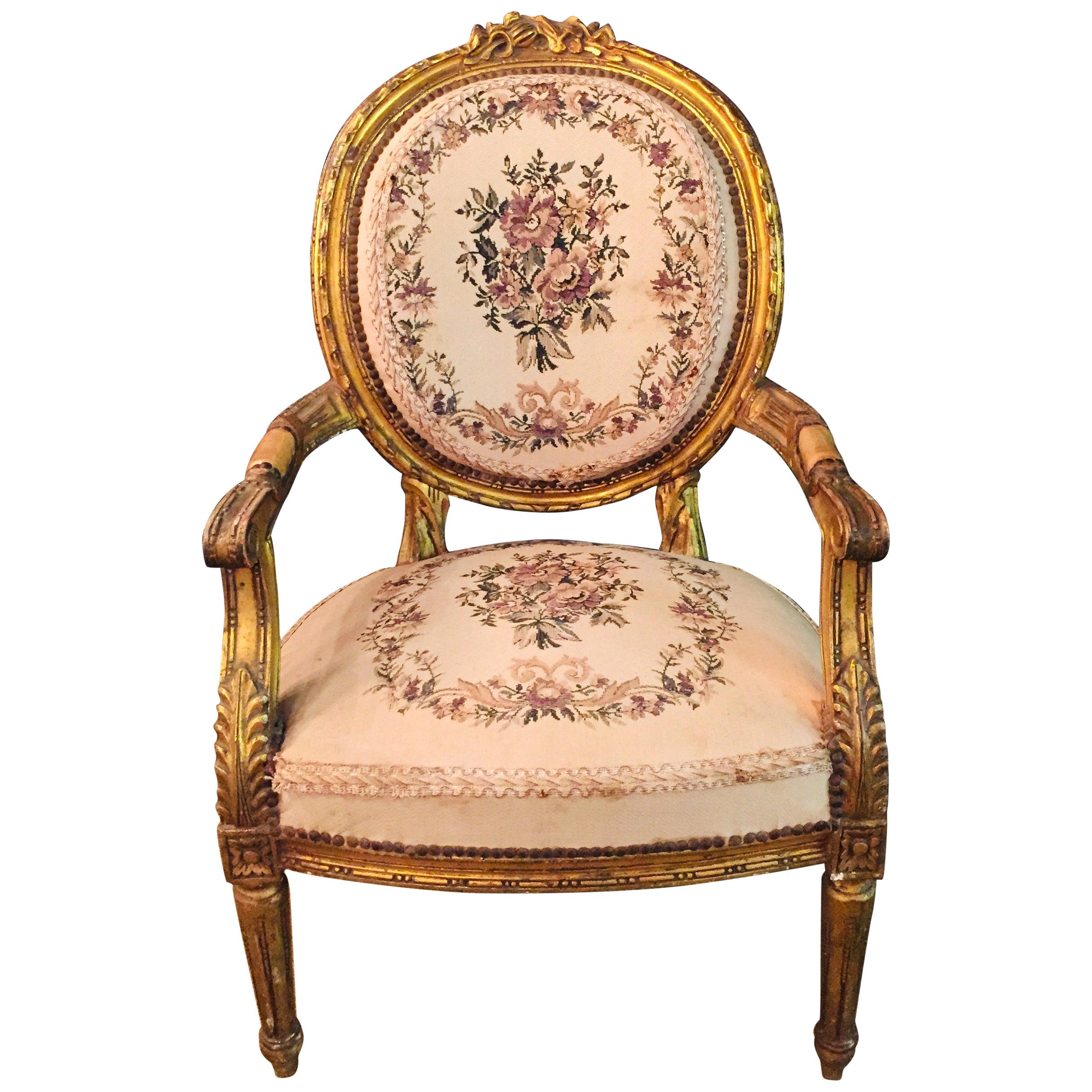 Armchair in Antique Louis Seize Style, Tapestry Fabric Gildet beech carved